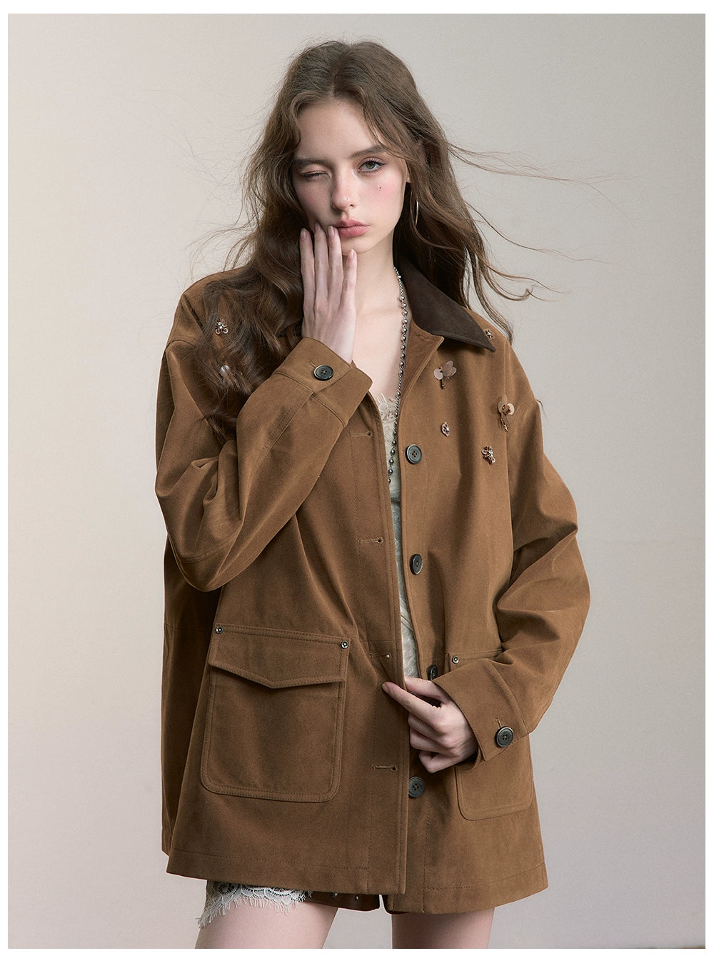 Brown Embellished Pocket Jacket