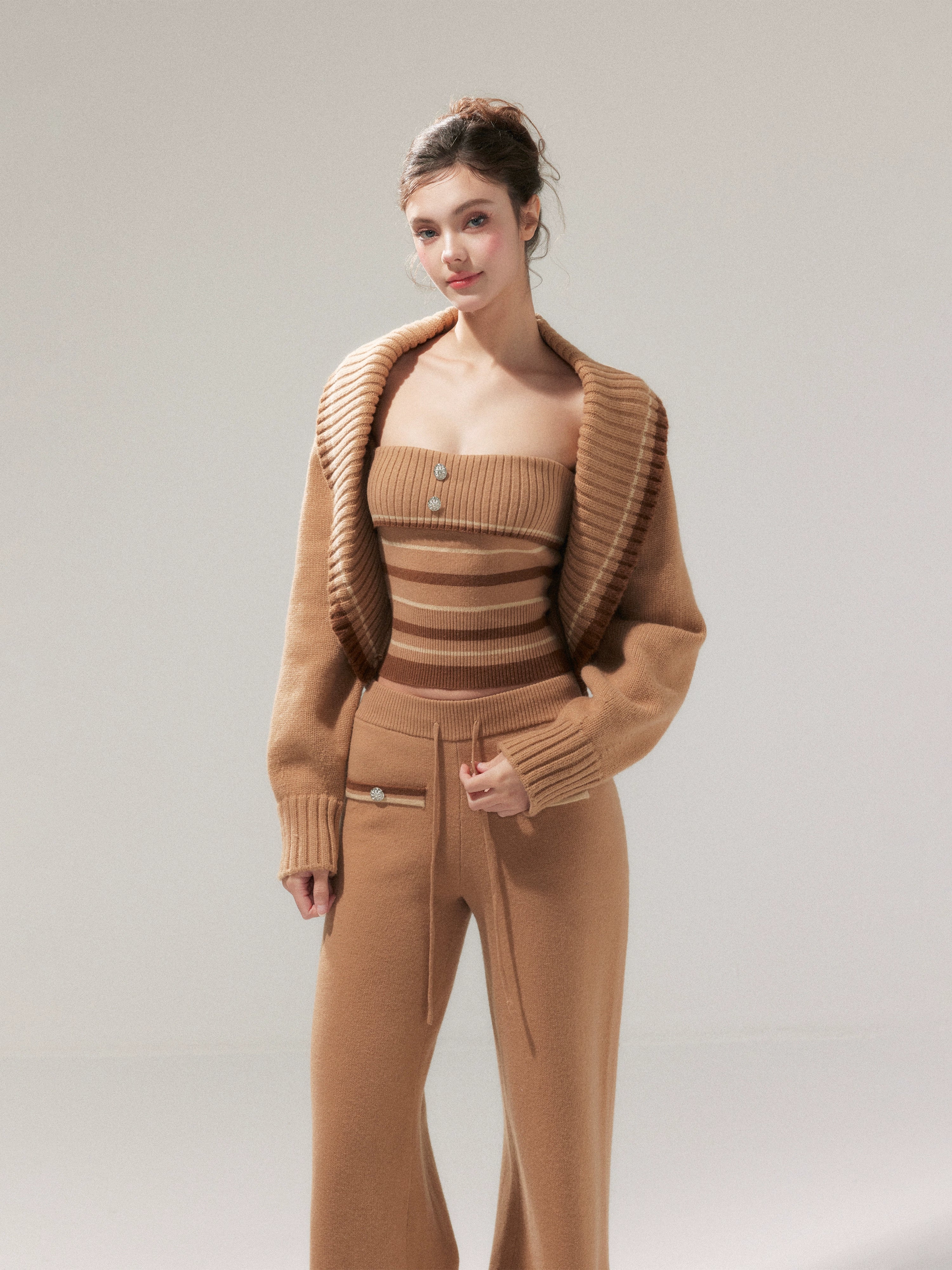 Khaki Striped Oversized Collar Knit Cardigan and Pants Set