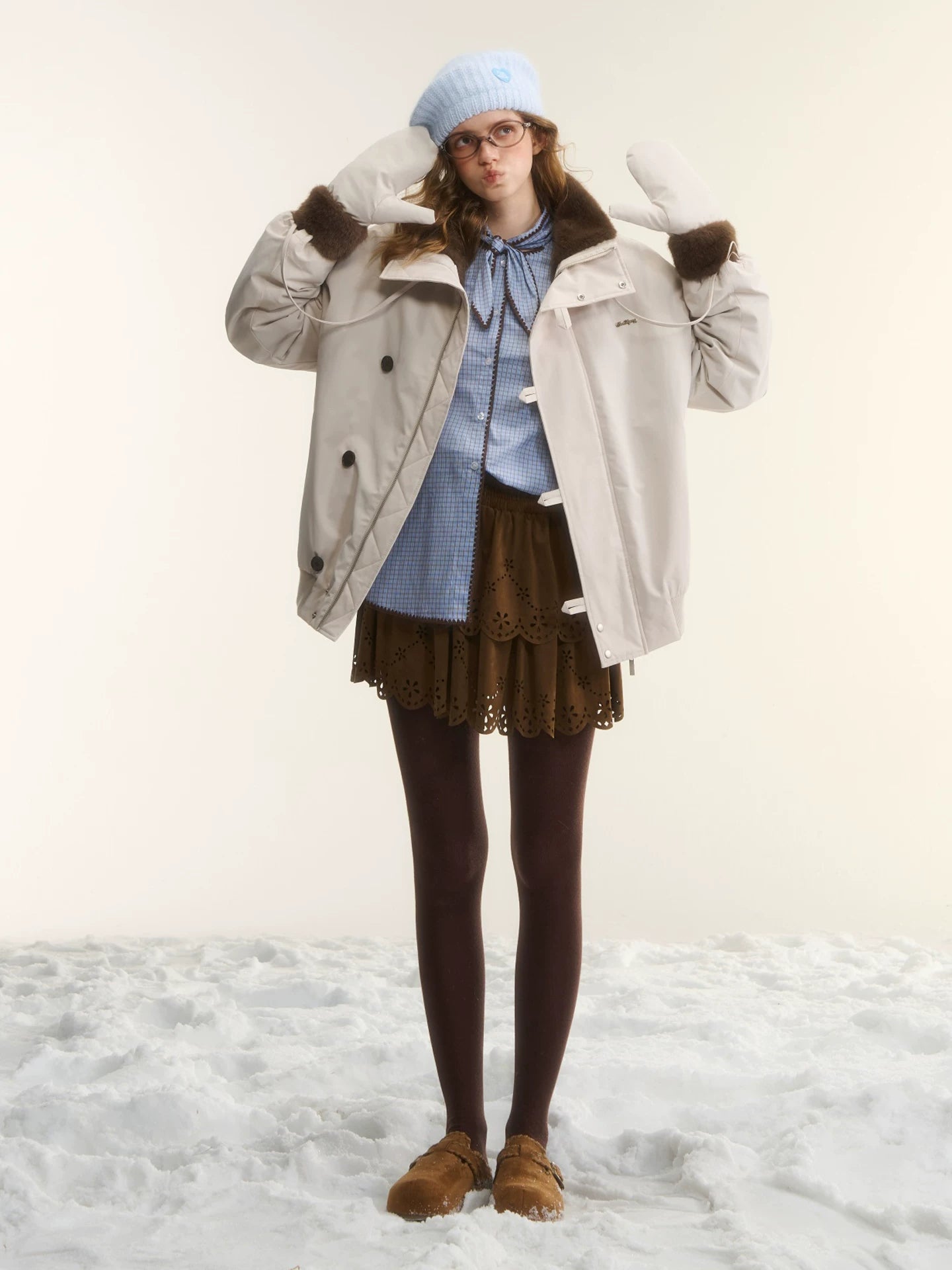 Beige Faux Mink Fur Jacket & Gloves Set
