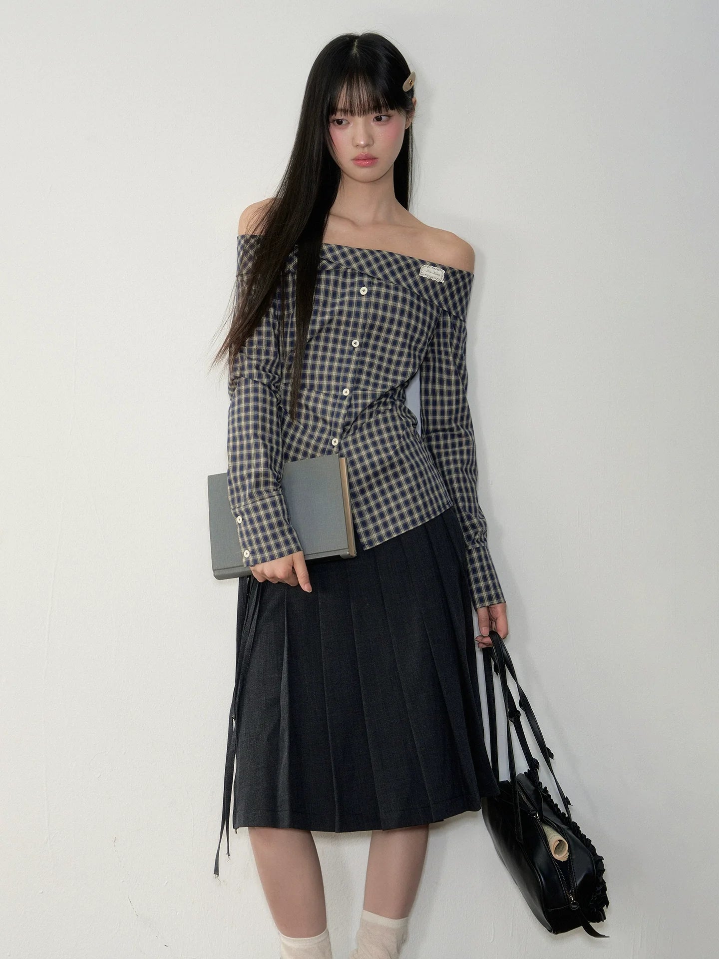 One-Shoulder Waist-Cinching Checked Shirt
