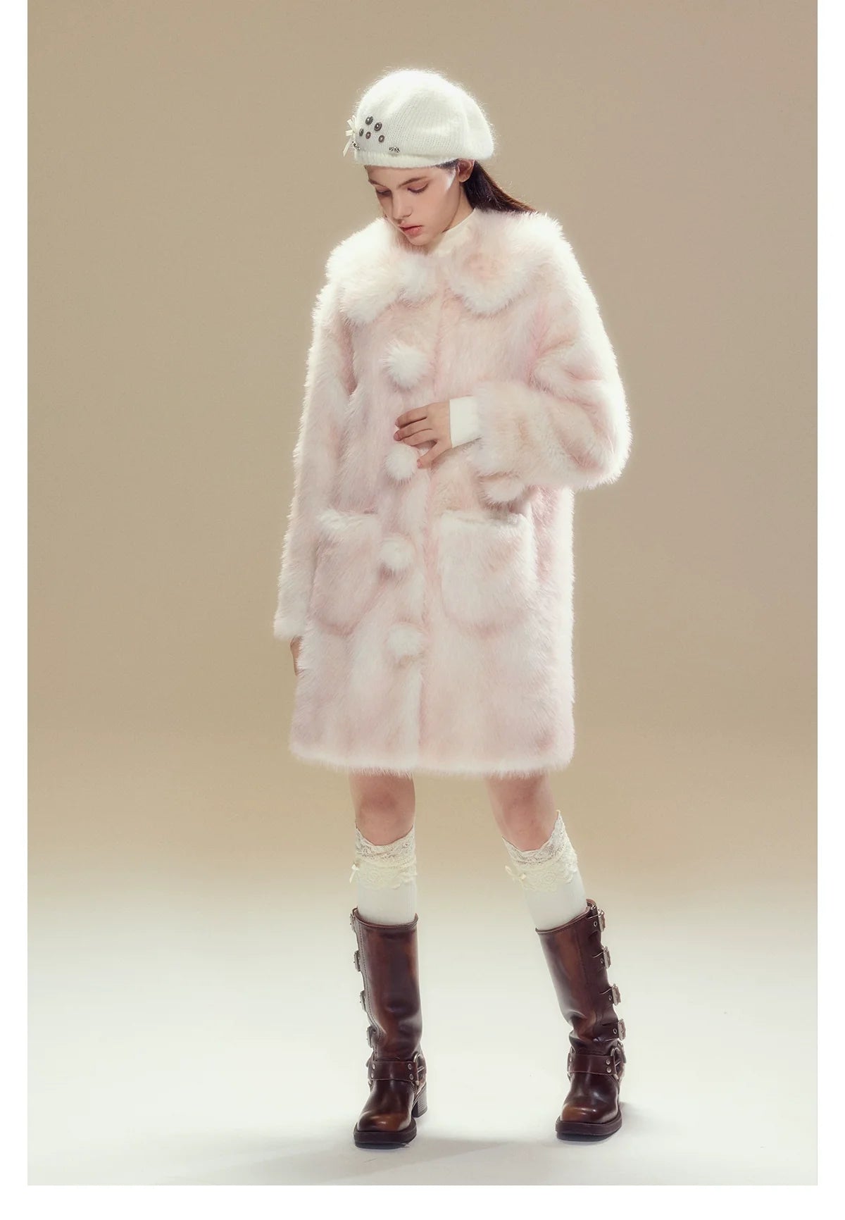 Pink Ombre Doll Collar Long Shearling Coat