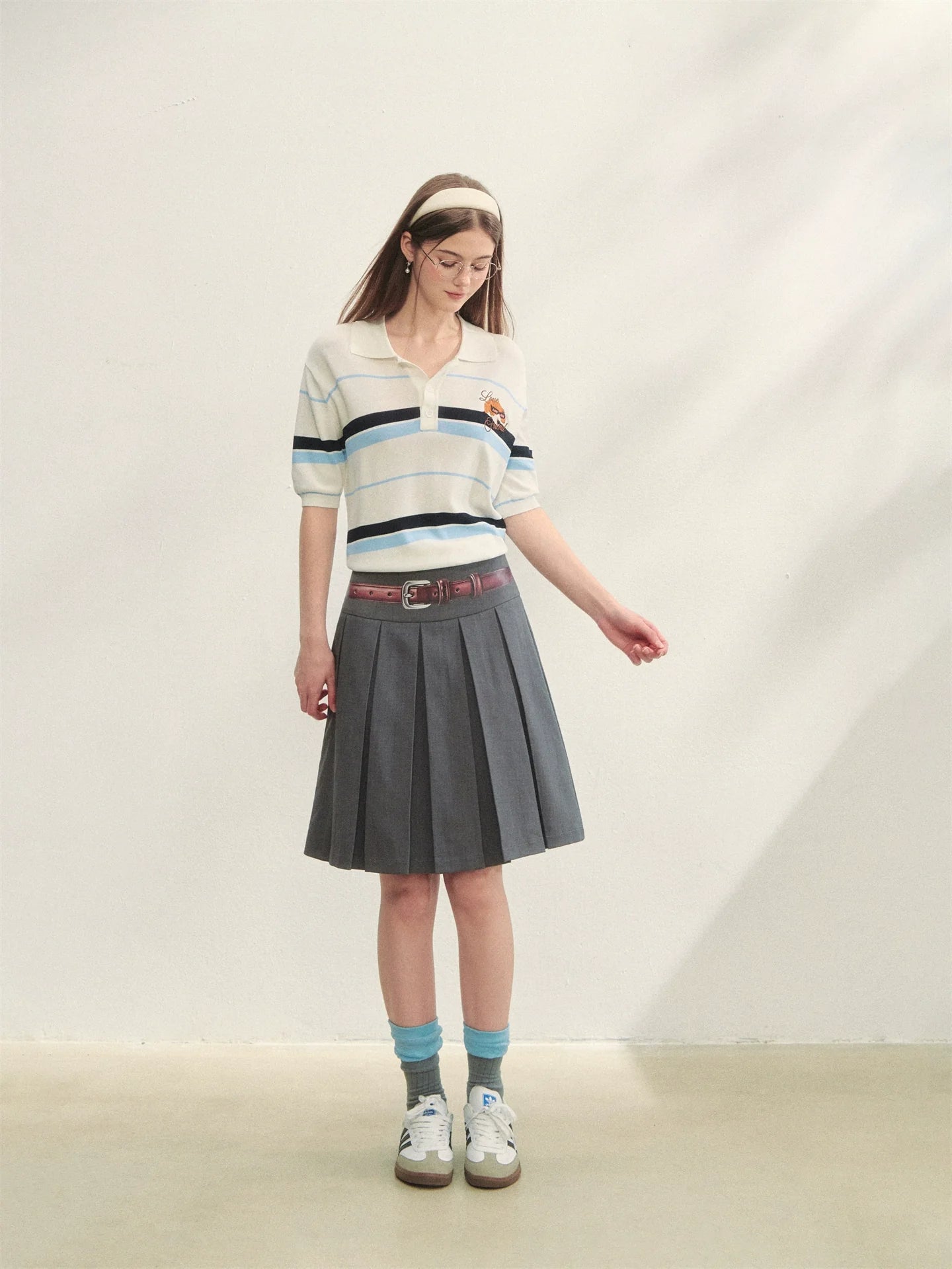 Fake Two-piece Printed Belted Pleated Skirt