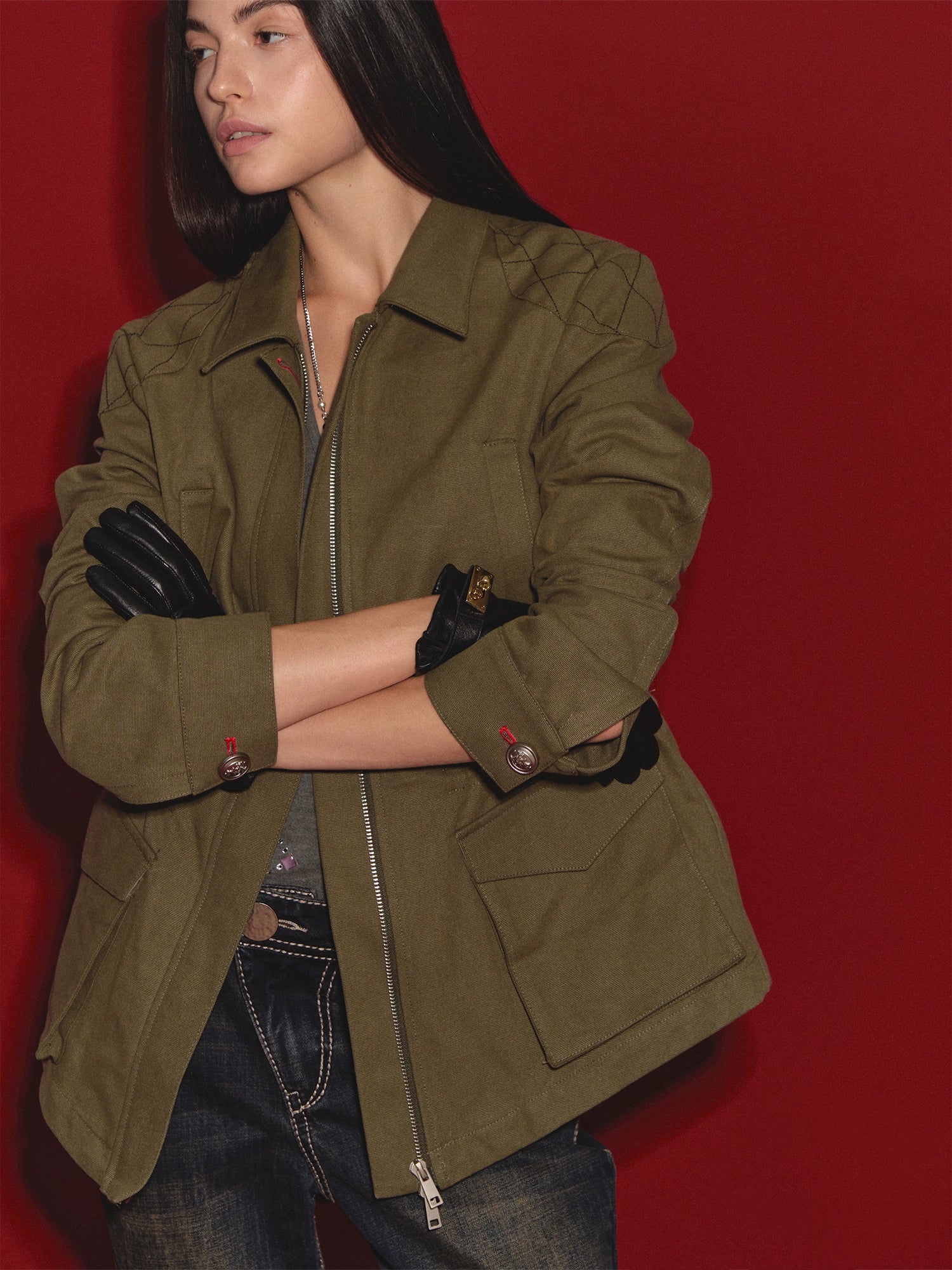 Diamond-Quilt Contrast Hunter Jacket