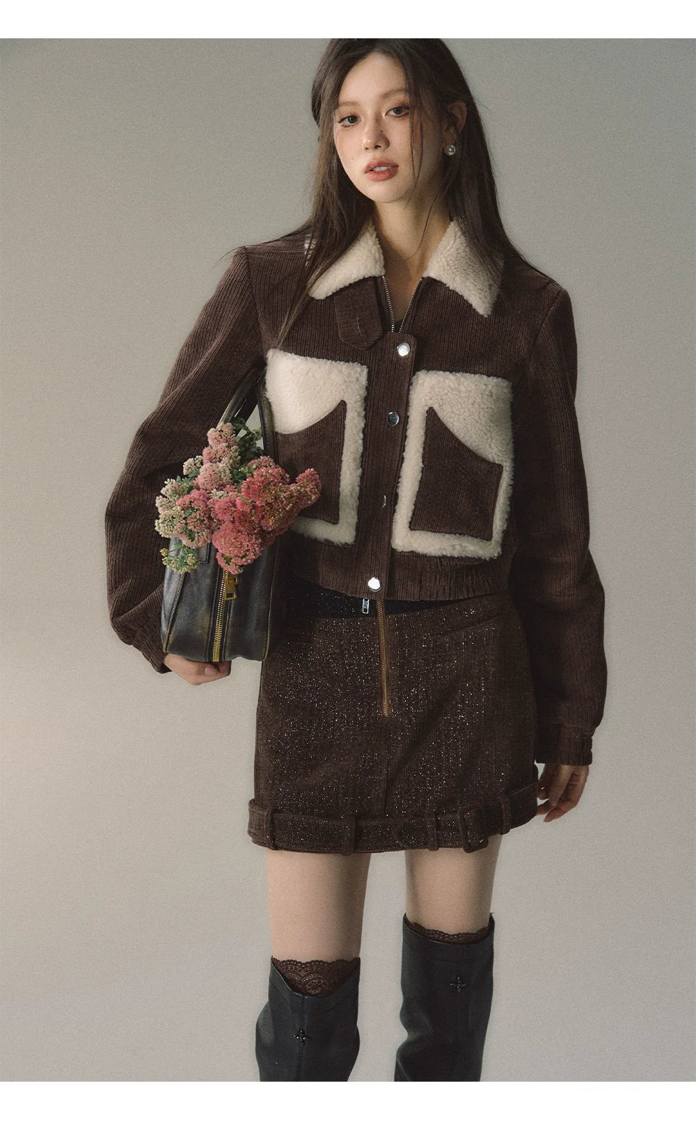 Brown Faux Fur Patchwork Short Jacket