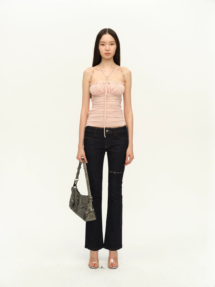 Dark Blue Lace Paneled Cutout Slim Jeans