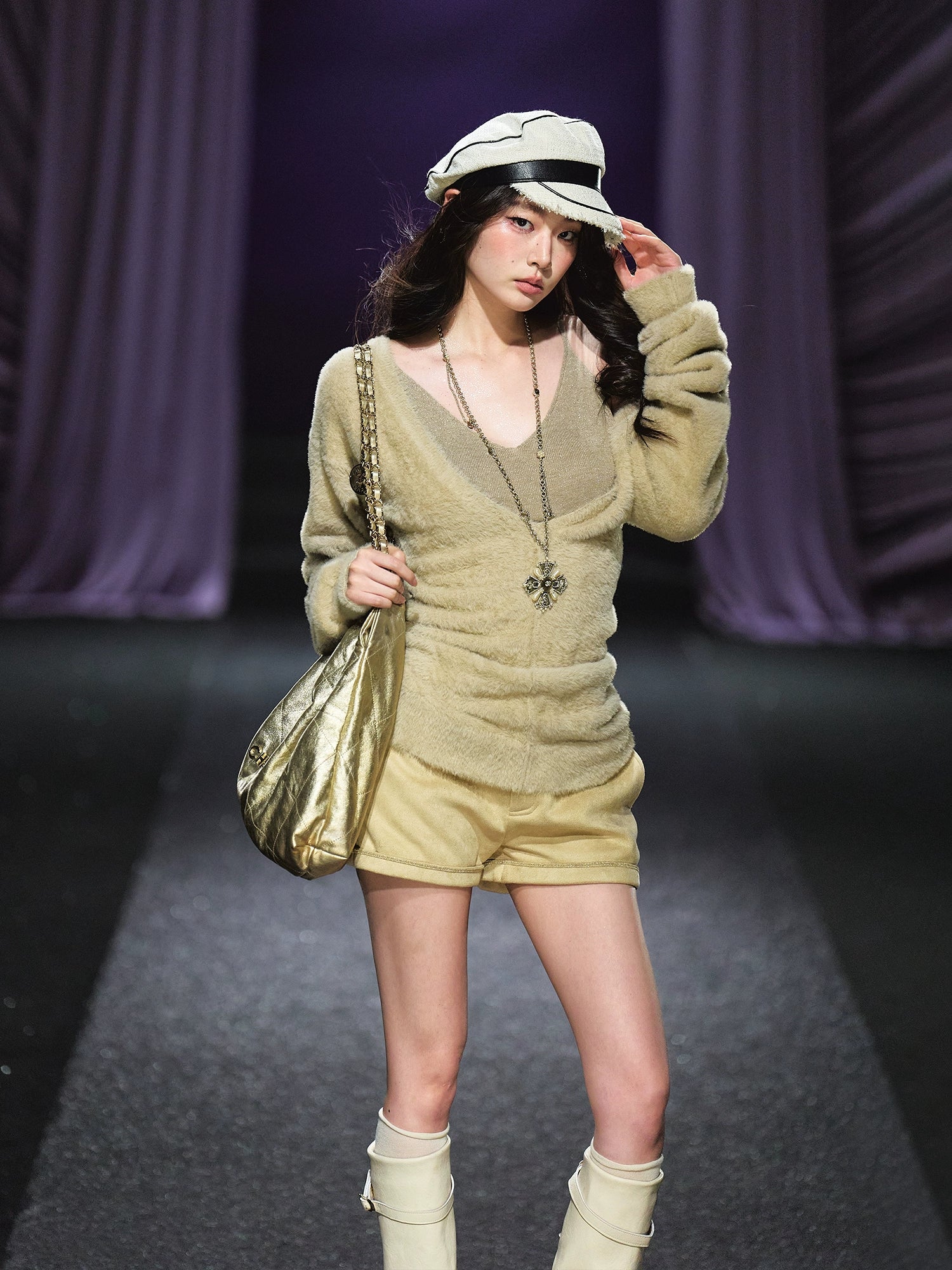Shimmery Knit V-neck & Camisole Two-Piece Set