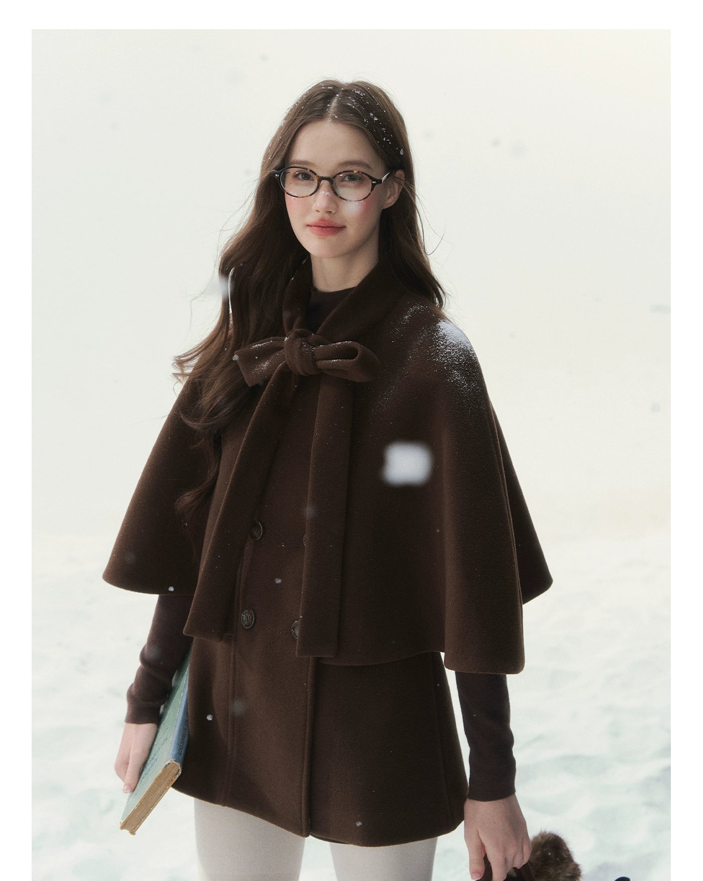 Brown Bow-Tie Double-Breasted Cape Coat