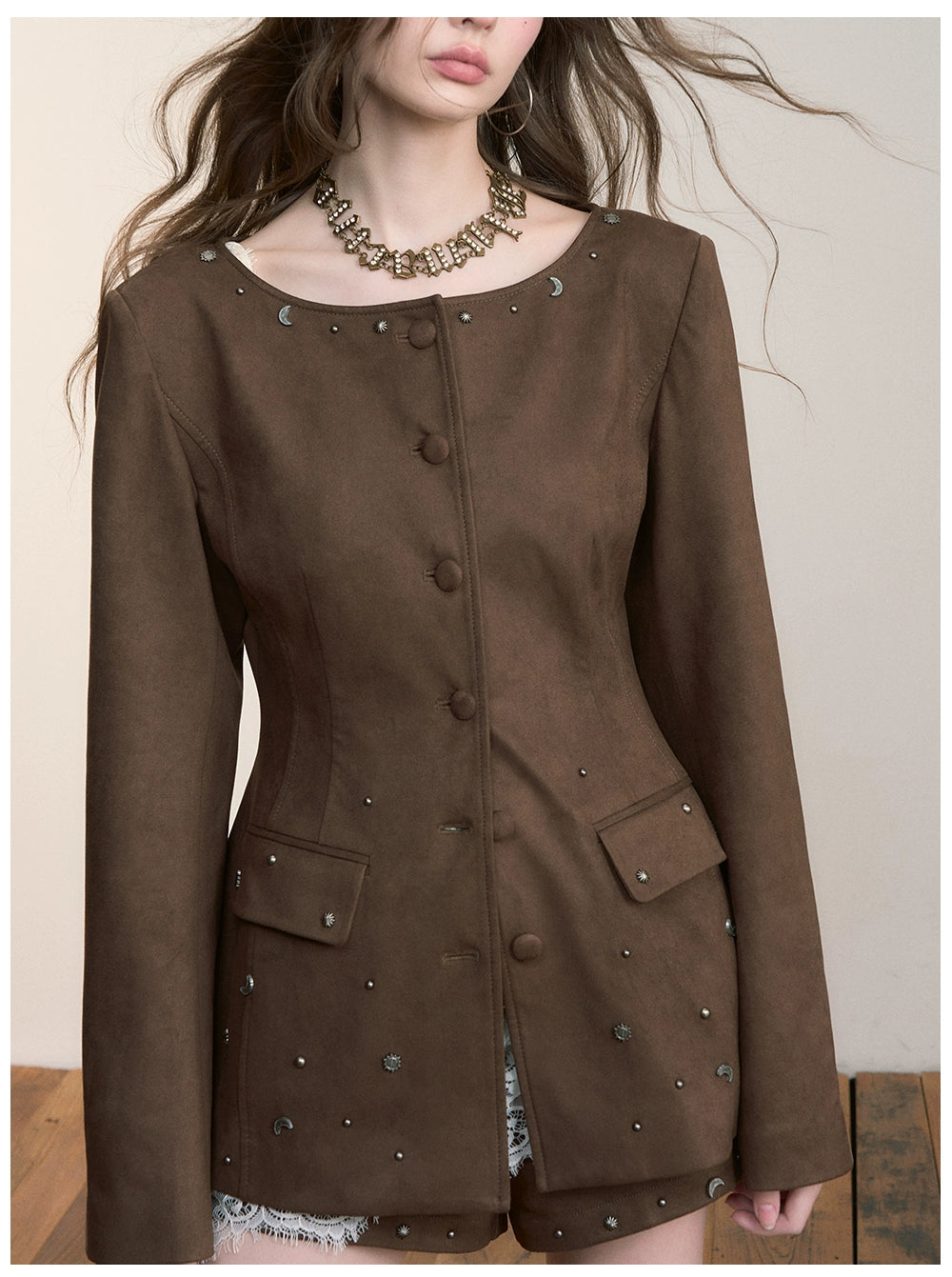 Brown Studded Suede Cinched Jacket