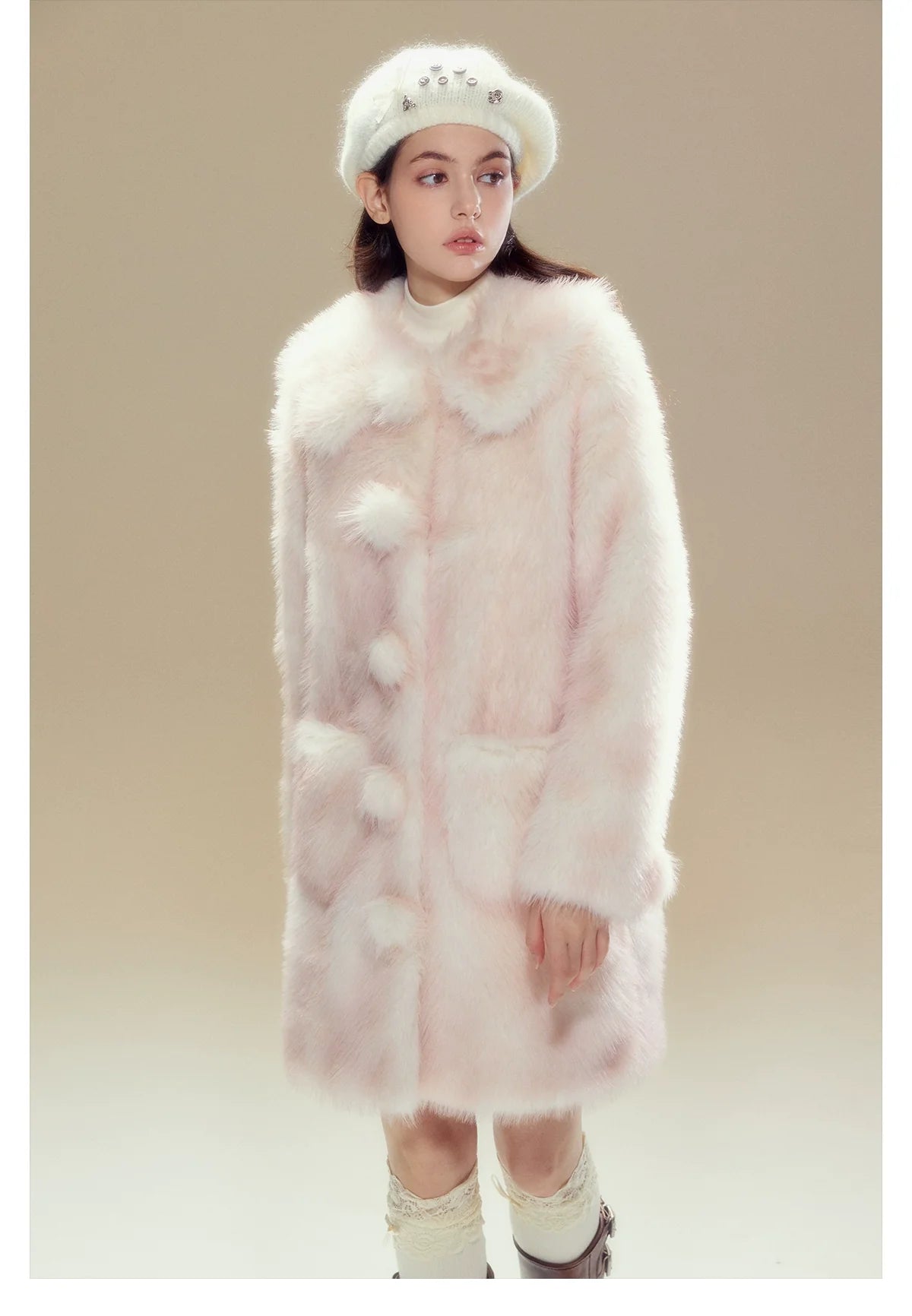 Pink Ombre Doll Collar Long Shearling Coat