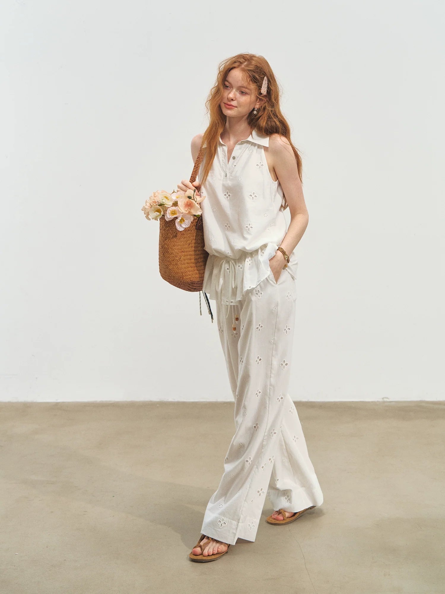 French-Style Printed Sleeveless Halter Tie-Up Top