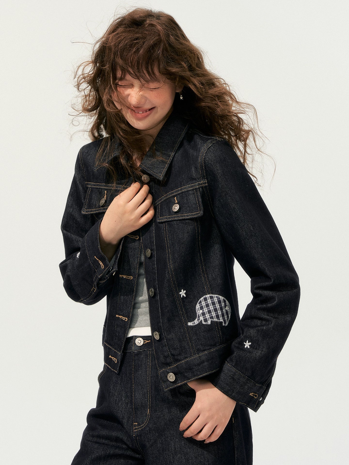 Denim Embroidered Cropped Jacket Set