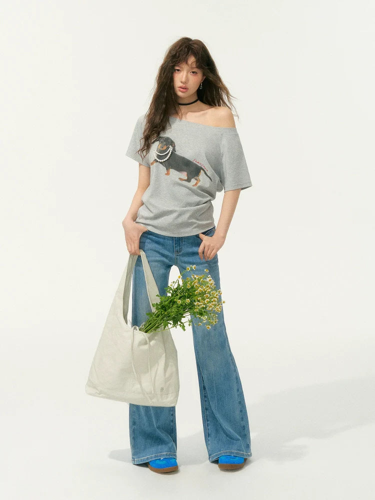Light Blue Lace-Edge Patchwork Washed Denim Pants