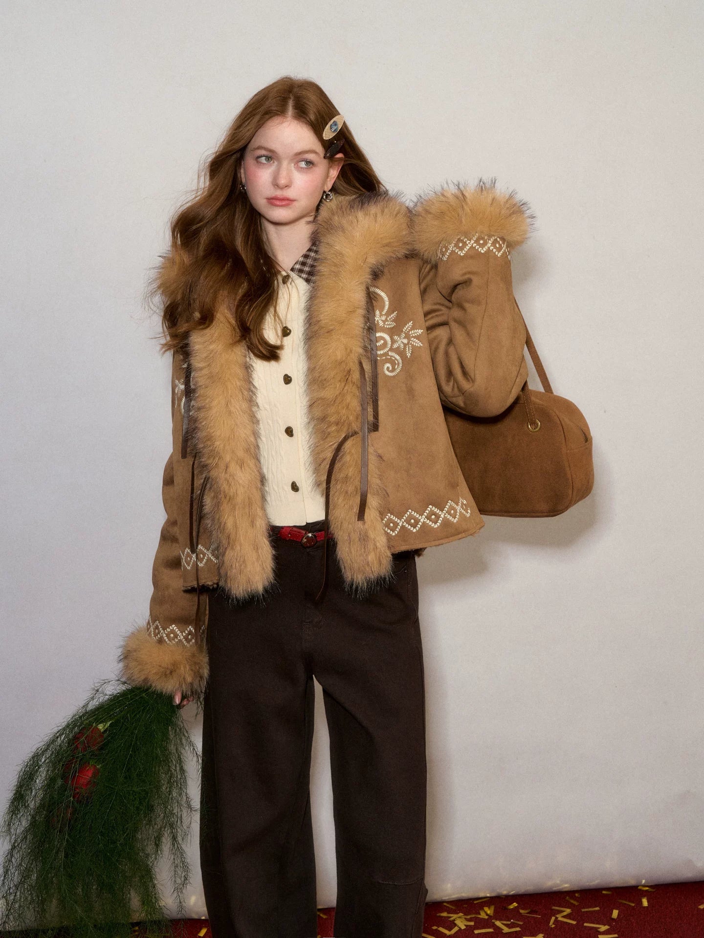 Embroidered Faux Fur Trim Jacket