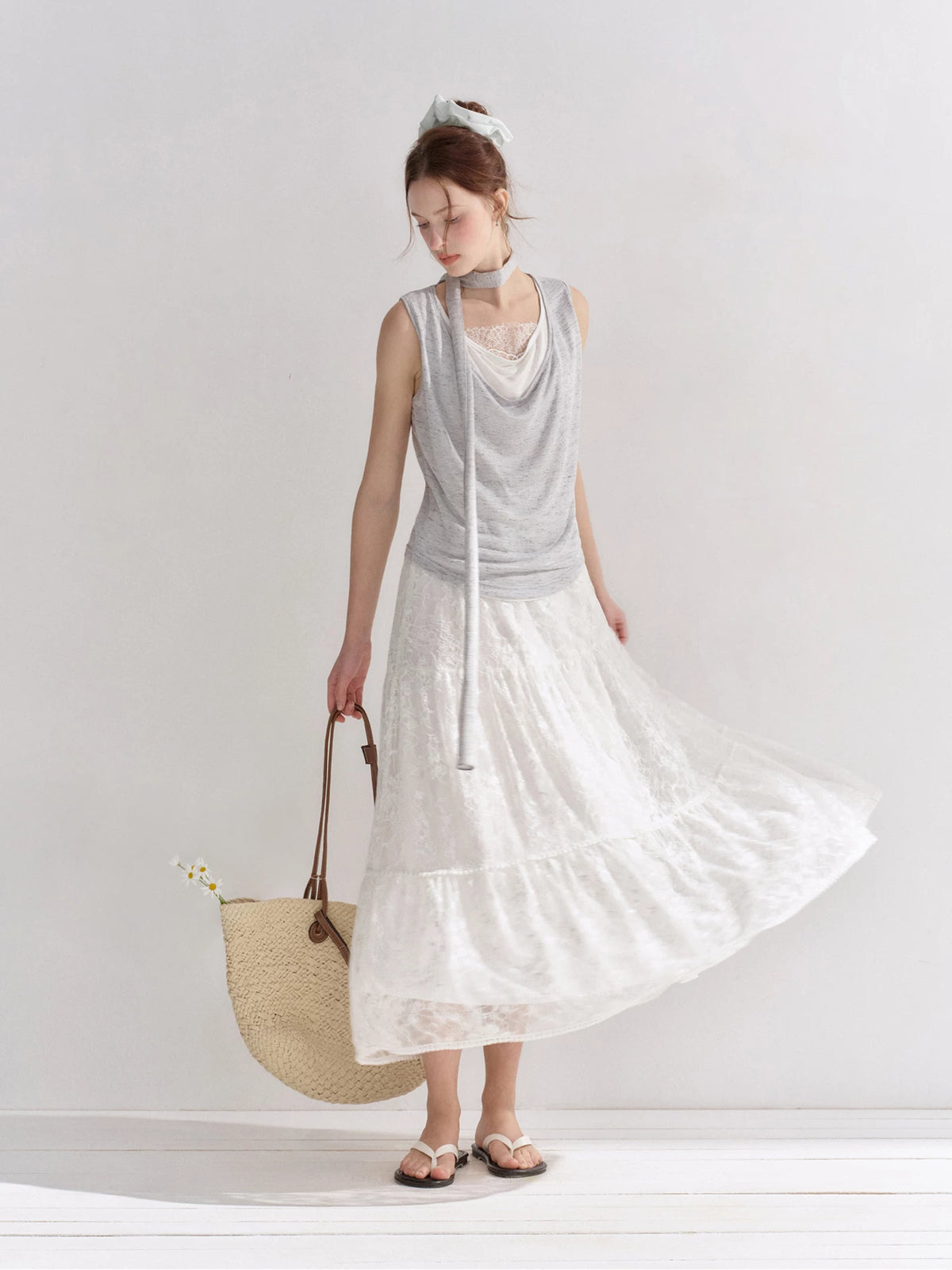 Lace Draped Scarf Tank Top
