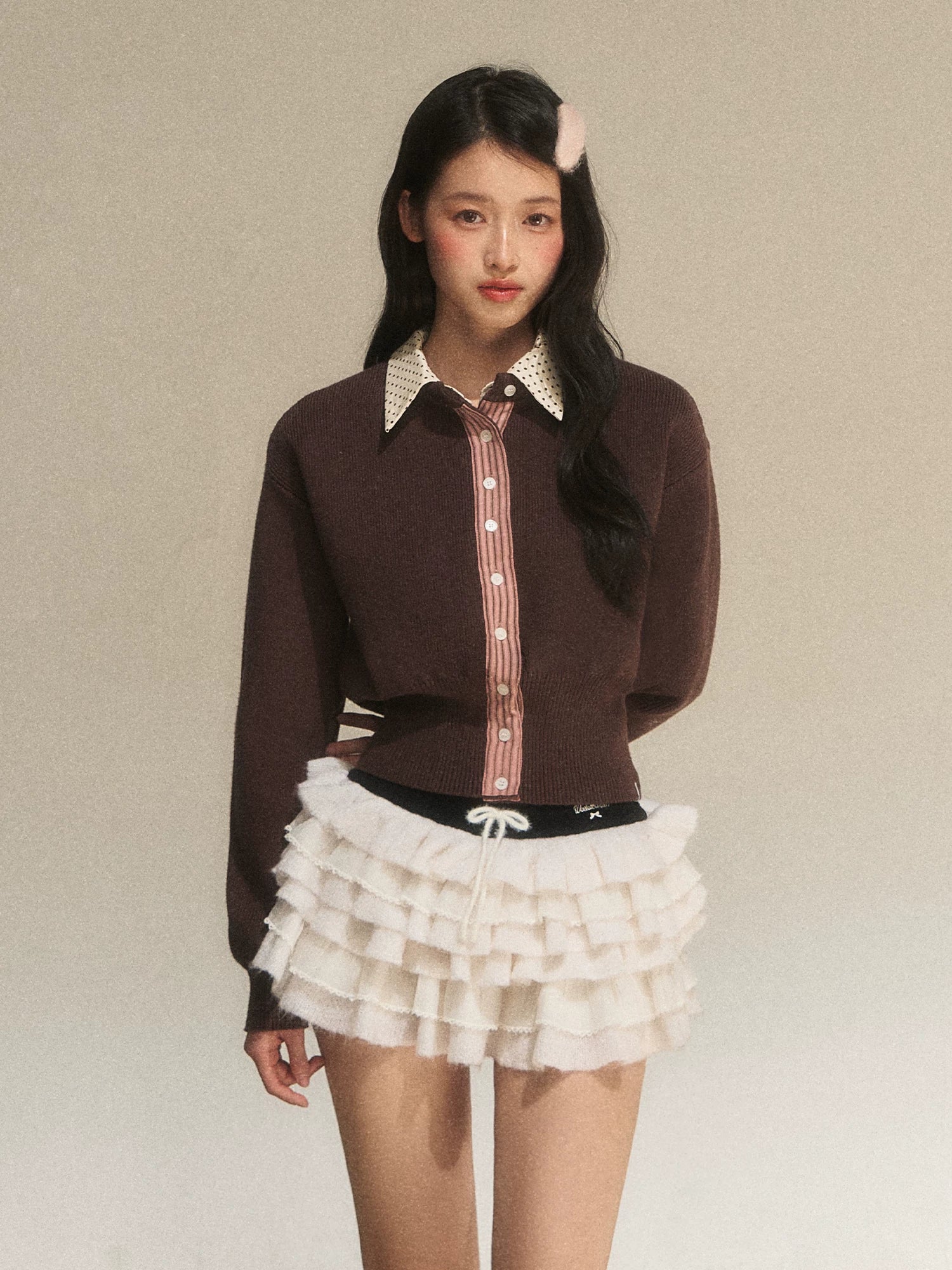 Brown Faux Layered Waist-Fitted Cropped Top