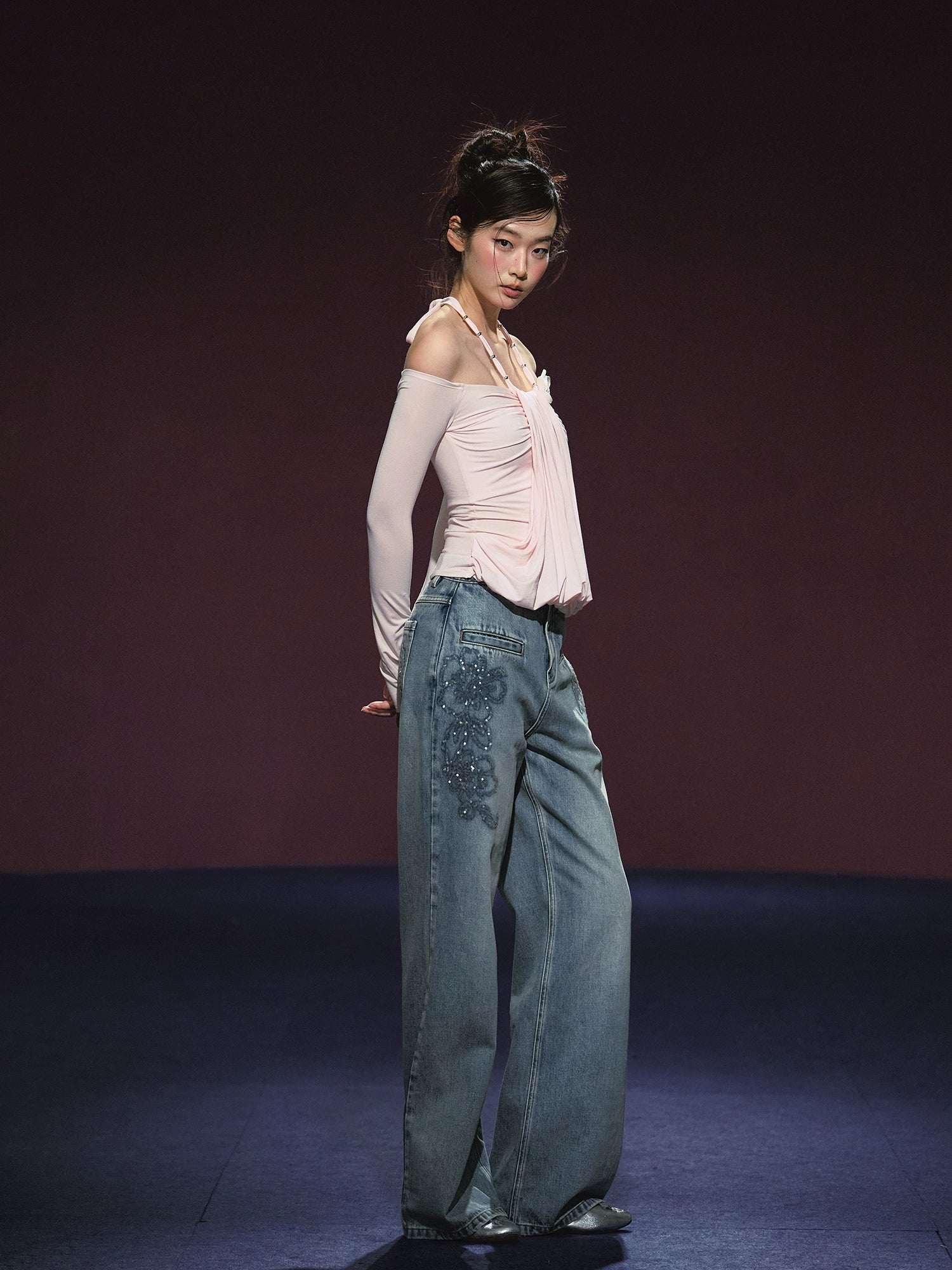 Beaded Embroidery Wide-Leg Straight Jeans