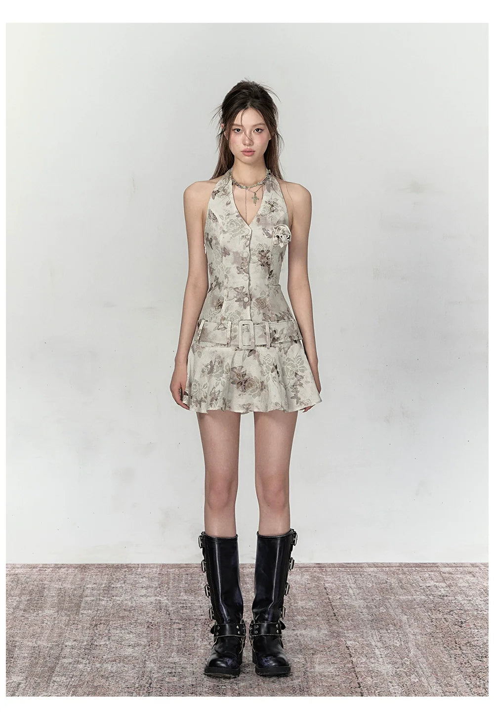 Apricot & Light Green Printed Halter Dress