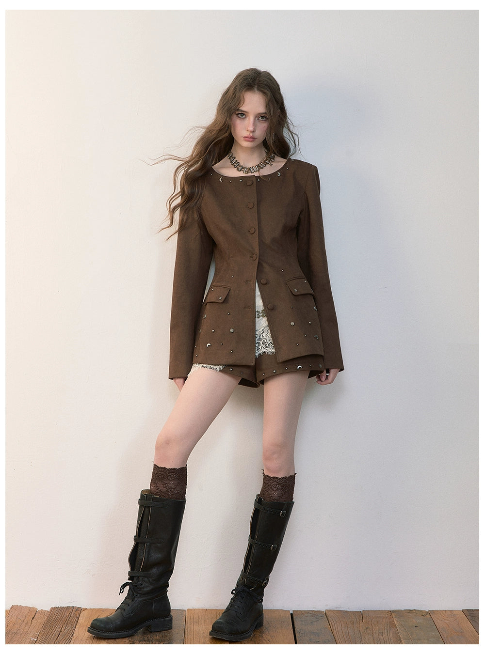 Brown Studded Suede Cinched Jacket