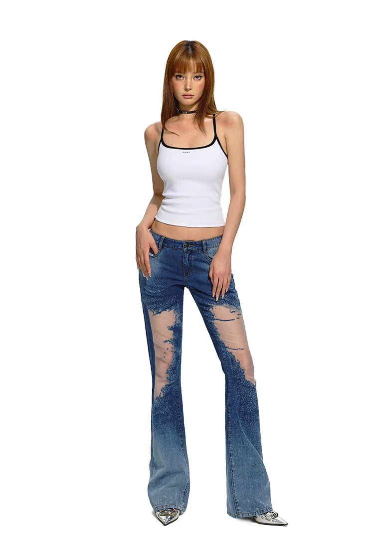 Blue Mesh Patchwork Low-Rise Flared Pants