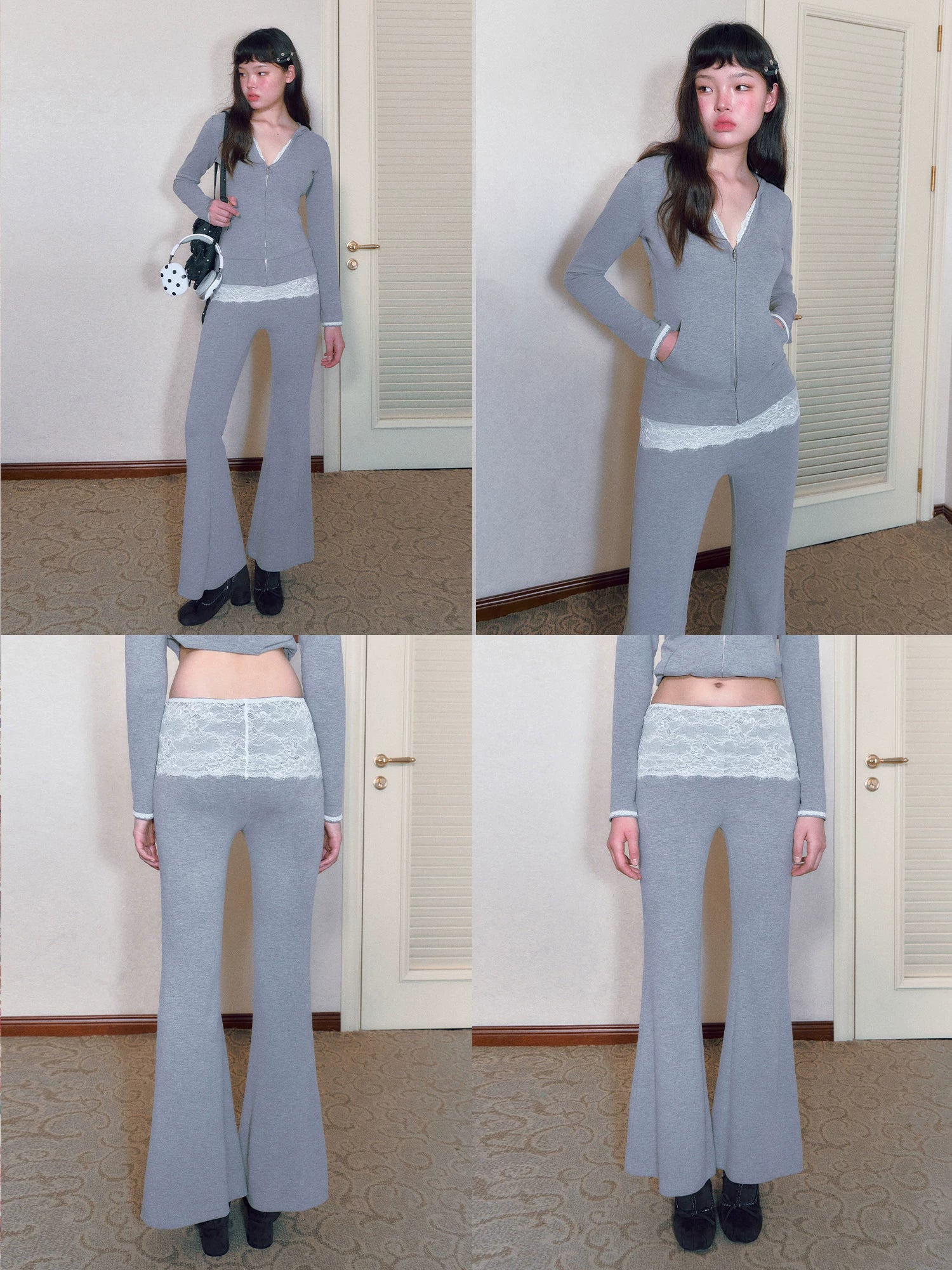 Gray Lace Panel Flared Pants