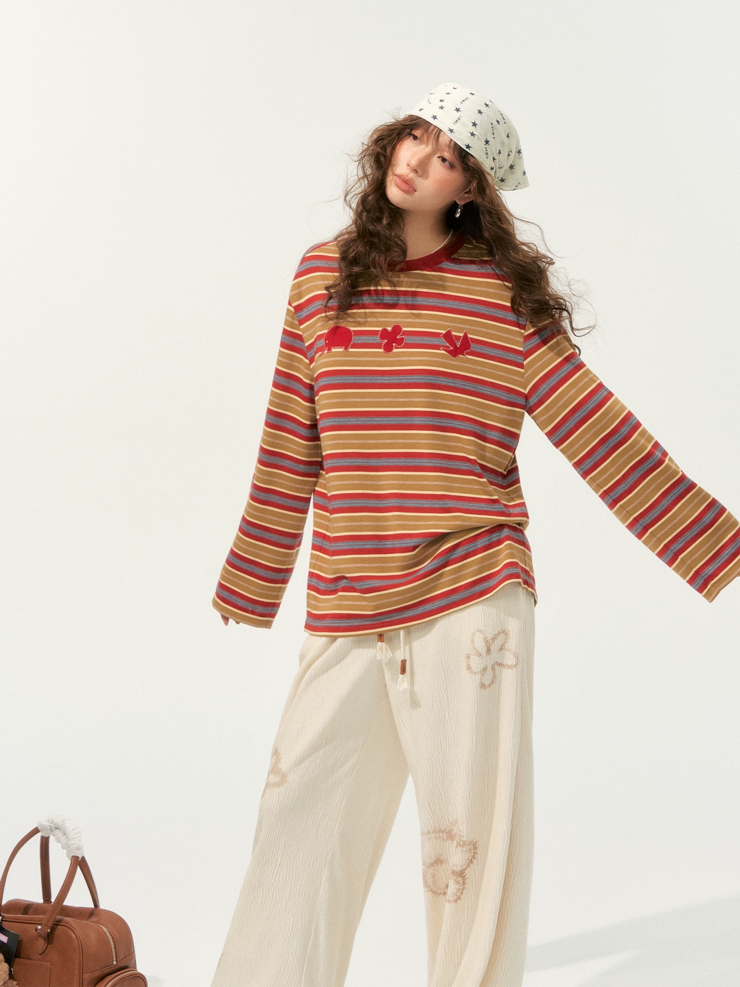 Color-Block Applique Embroidered Striped Long-Sleeve T-Shirt