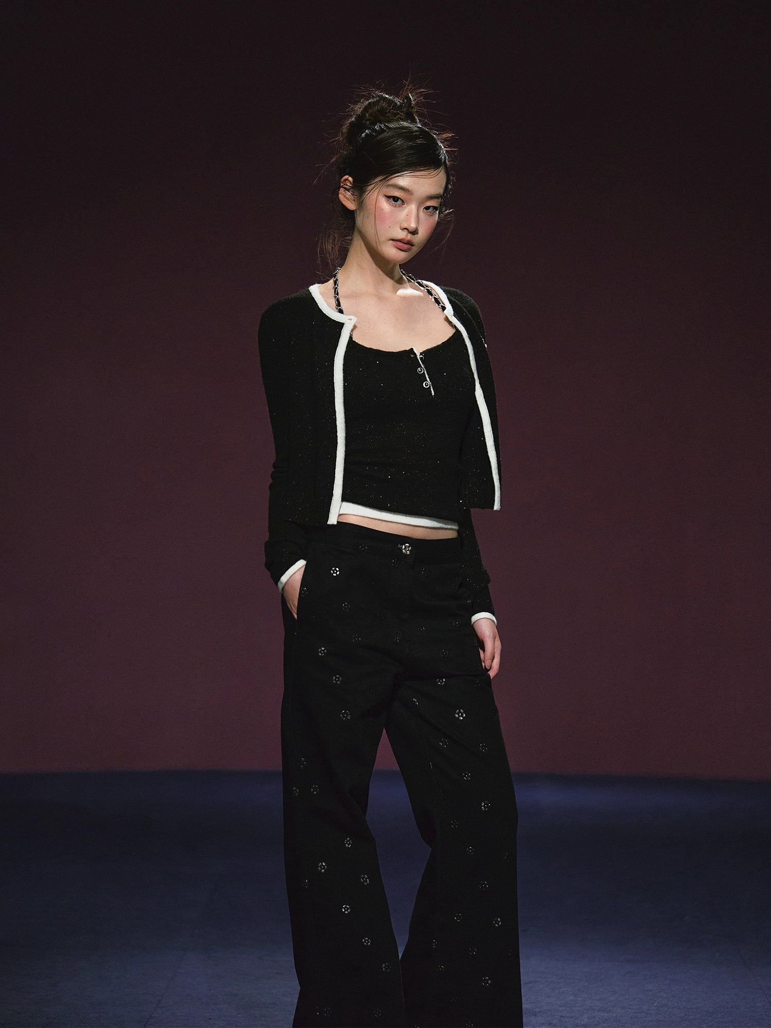 Tweed Galaxy Shimmer Chain Halter Camisole & Cardigan Set