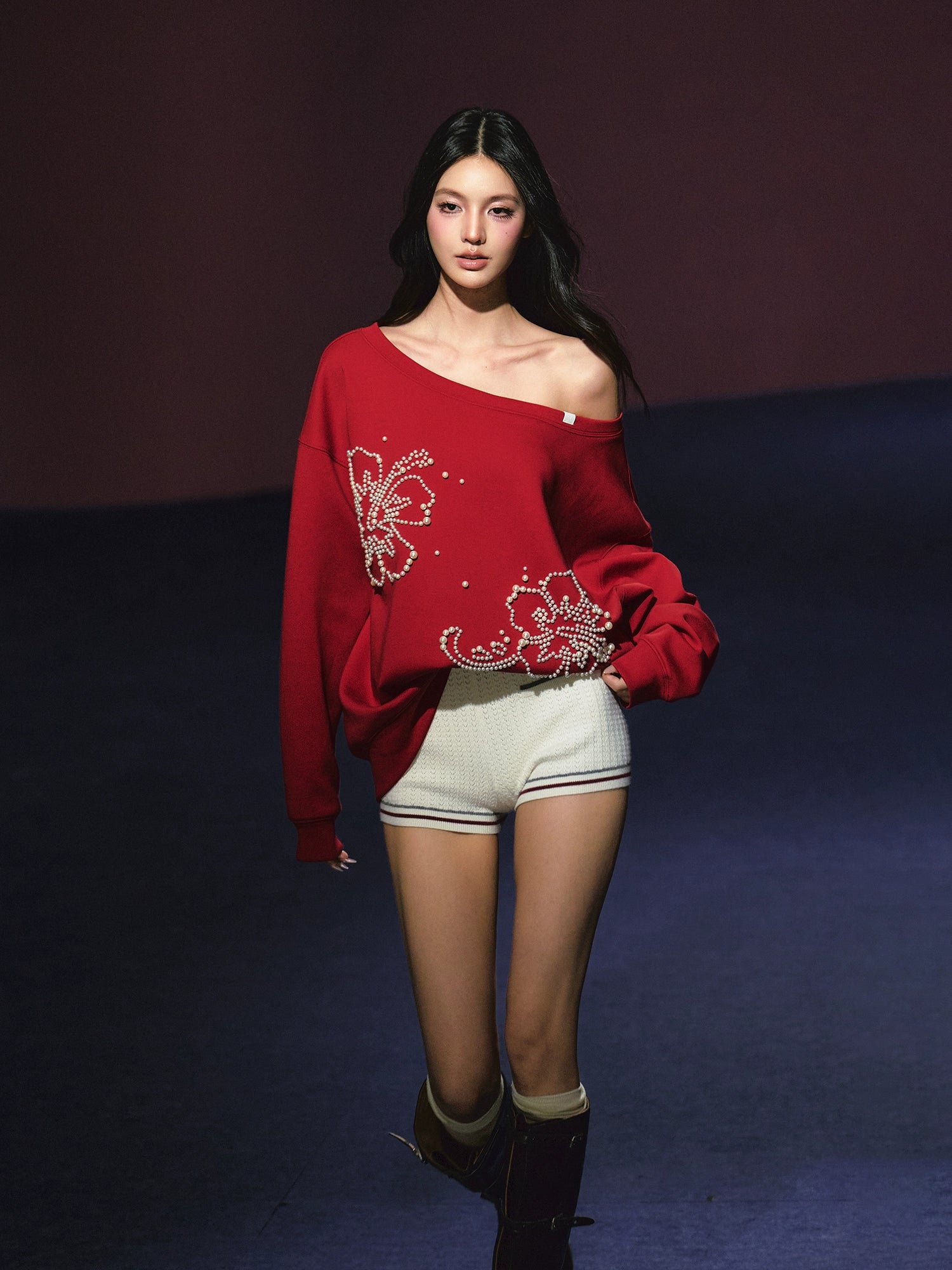 Pearl-Embellished Off-Shoulder Sweatshirt & Shorts Set