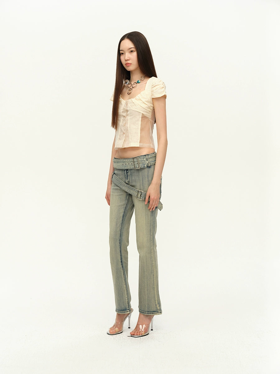 Double Waist Flared Denim Pants