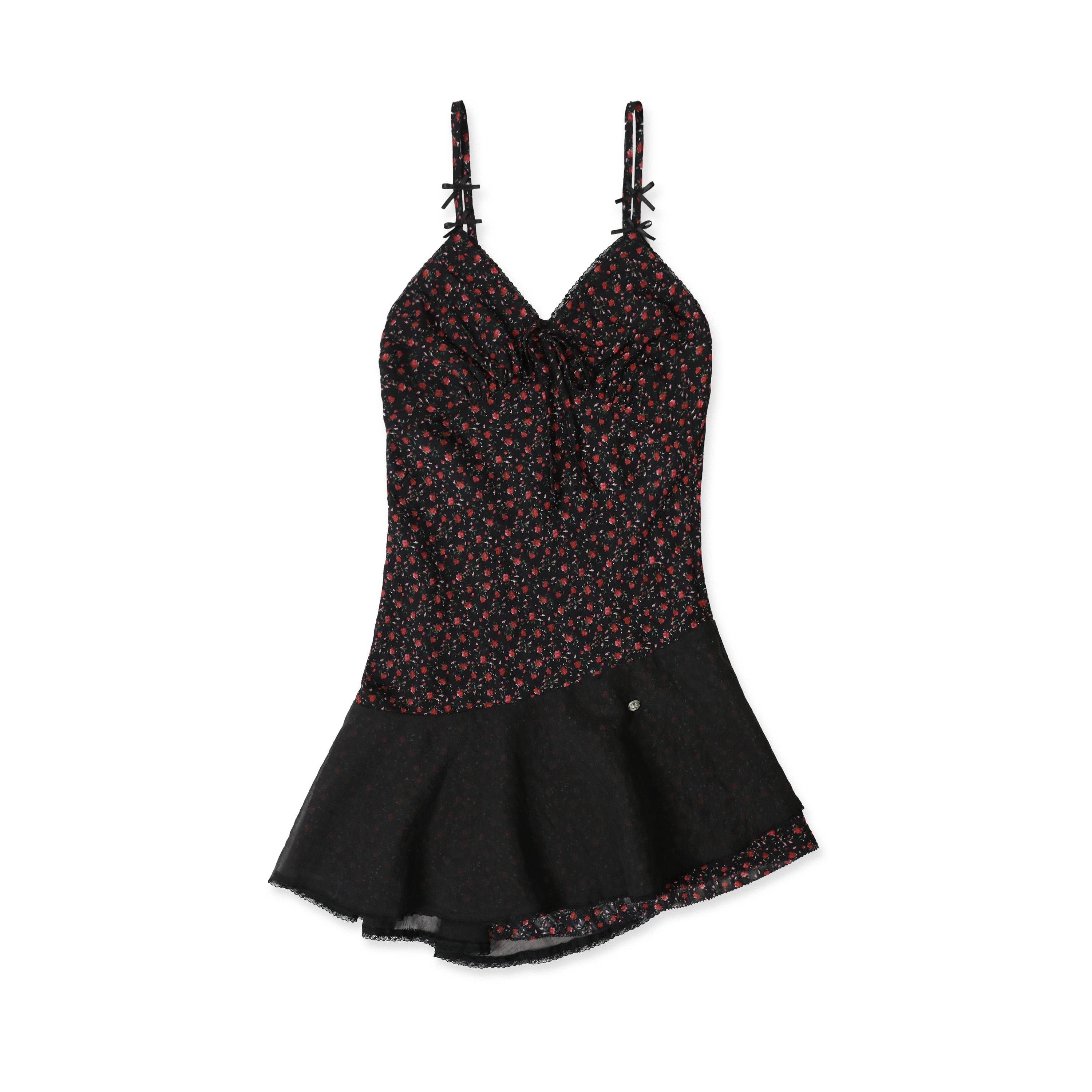 Plaid Floral Ribbon Bow Lace Trim Cami Dress