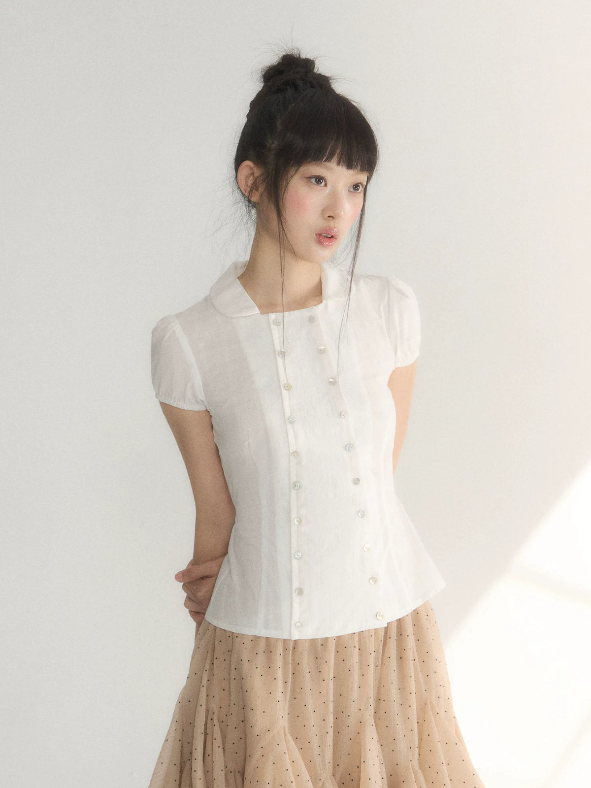 French Double-Button Puff Sleeve Shirt