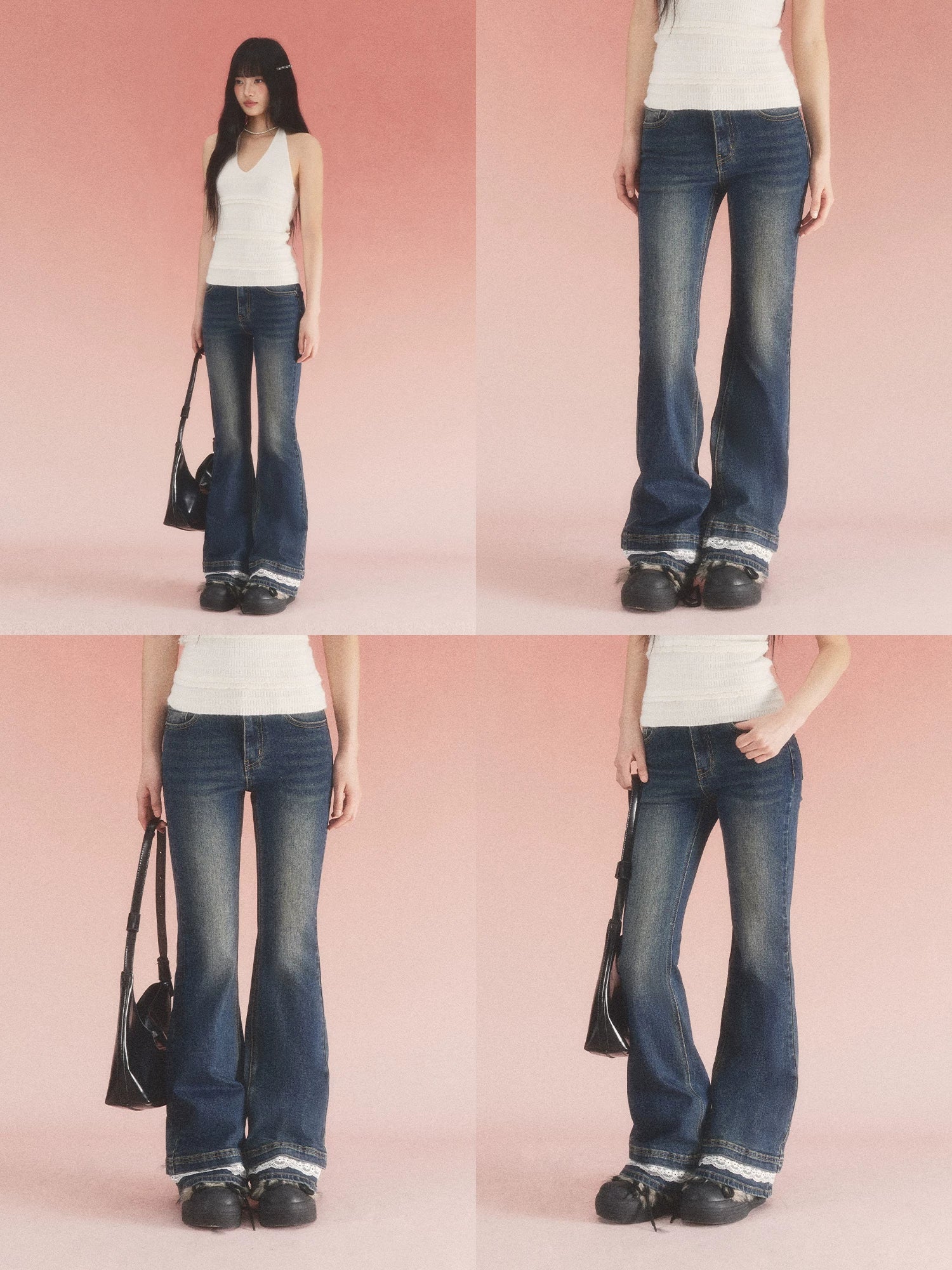 Navy Blue Lace Flared Jeans
