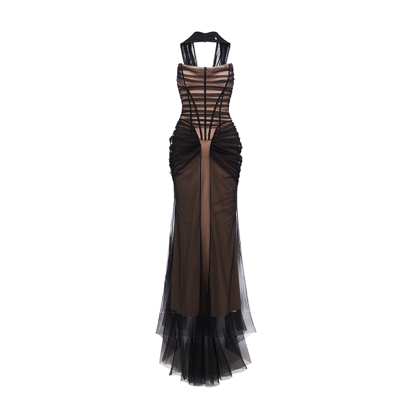 Black & Apricot Tulle Ruffled Slim-fit Strapless Dress