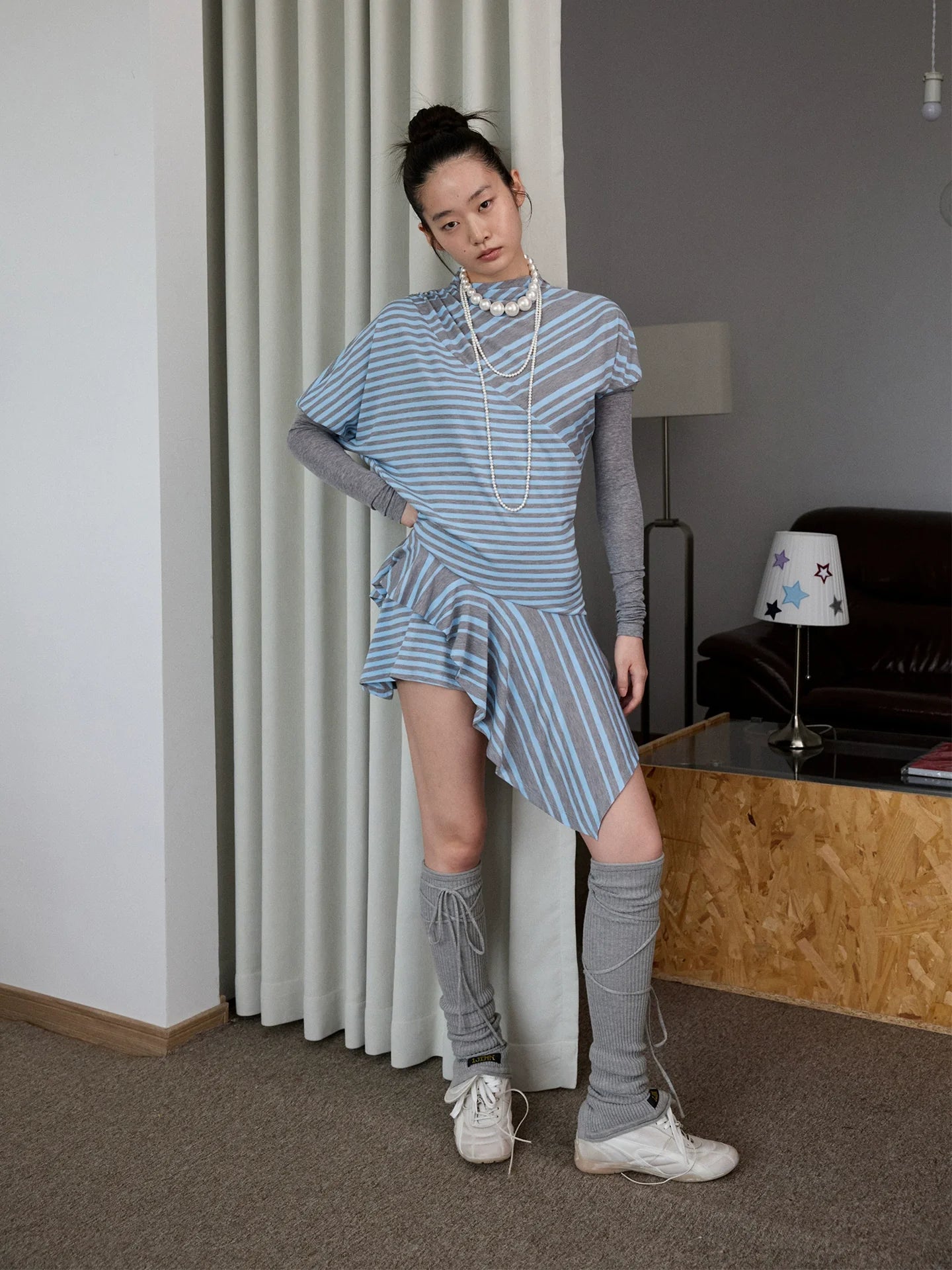 Blue-Gray Striped Irregular Patchwork Dress