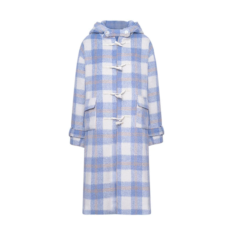 Blue Check Hooded Wool Coat