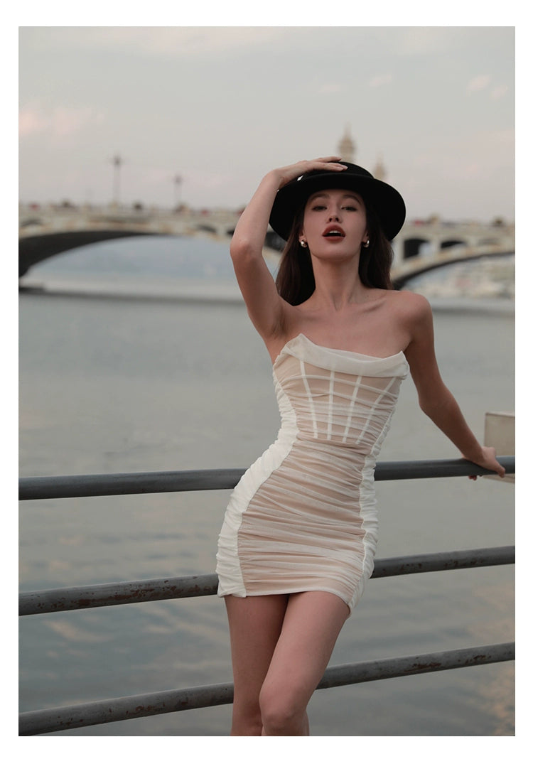 Mesh Ruched Strapless Dress