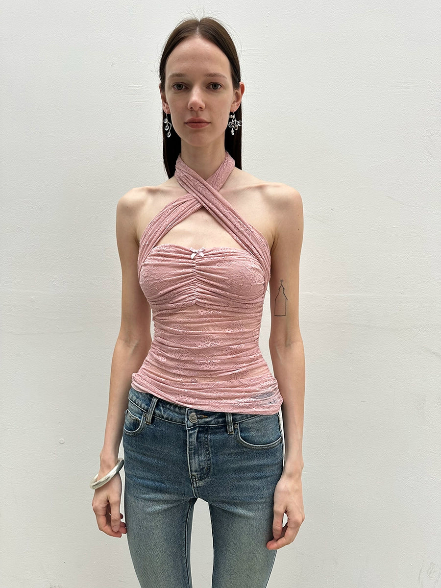 Lace Bow Cross Halter Camisole