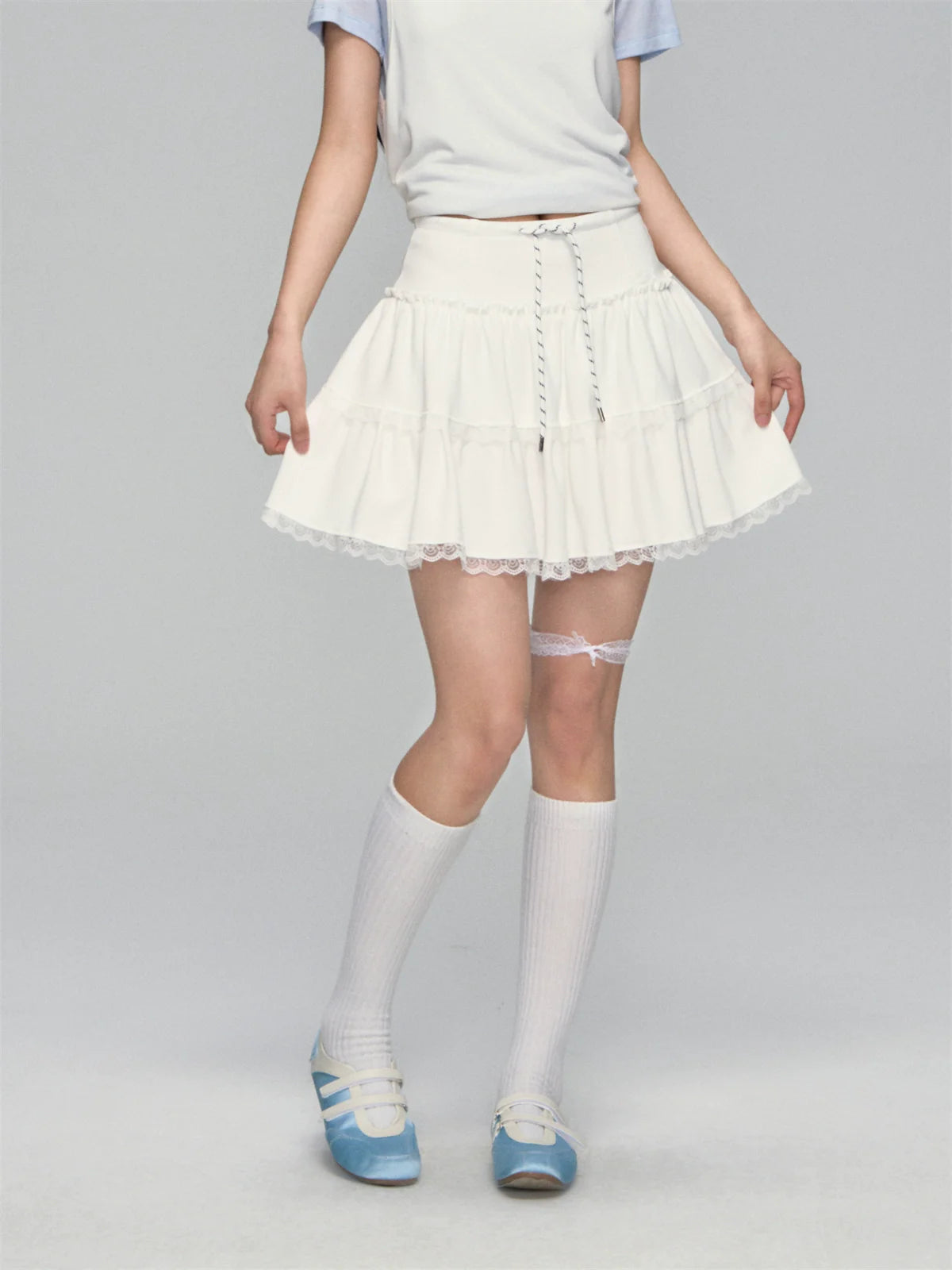 High-waisted Drawstring Lace-spliced Tiered Skirt