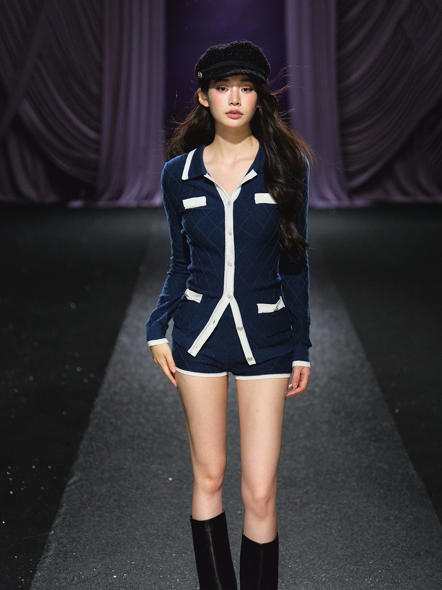 Tweed-Style Diamond Knit Cardigan & Shorts Set