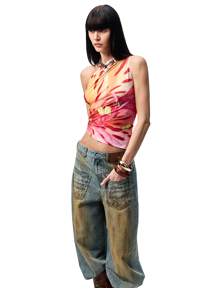 Slanted Shoulder Wrinkle-Printed Floral Vest