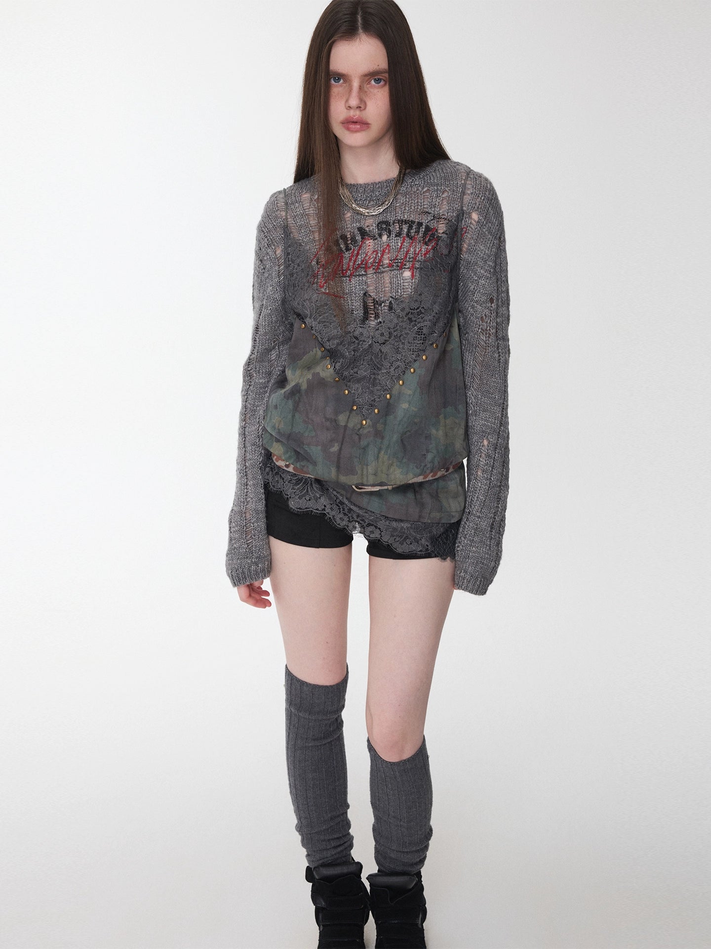 Camouflage V-Neck Lace Rhinestone Cami Top