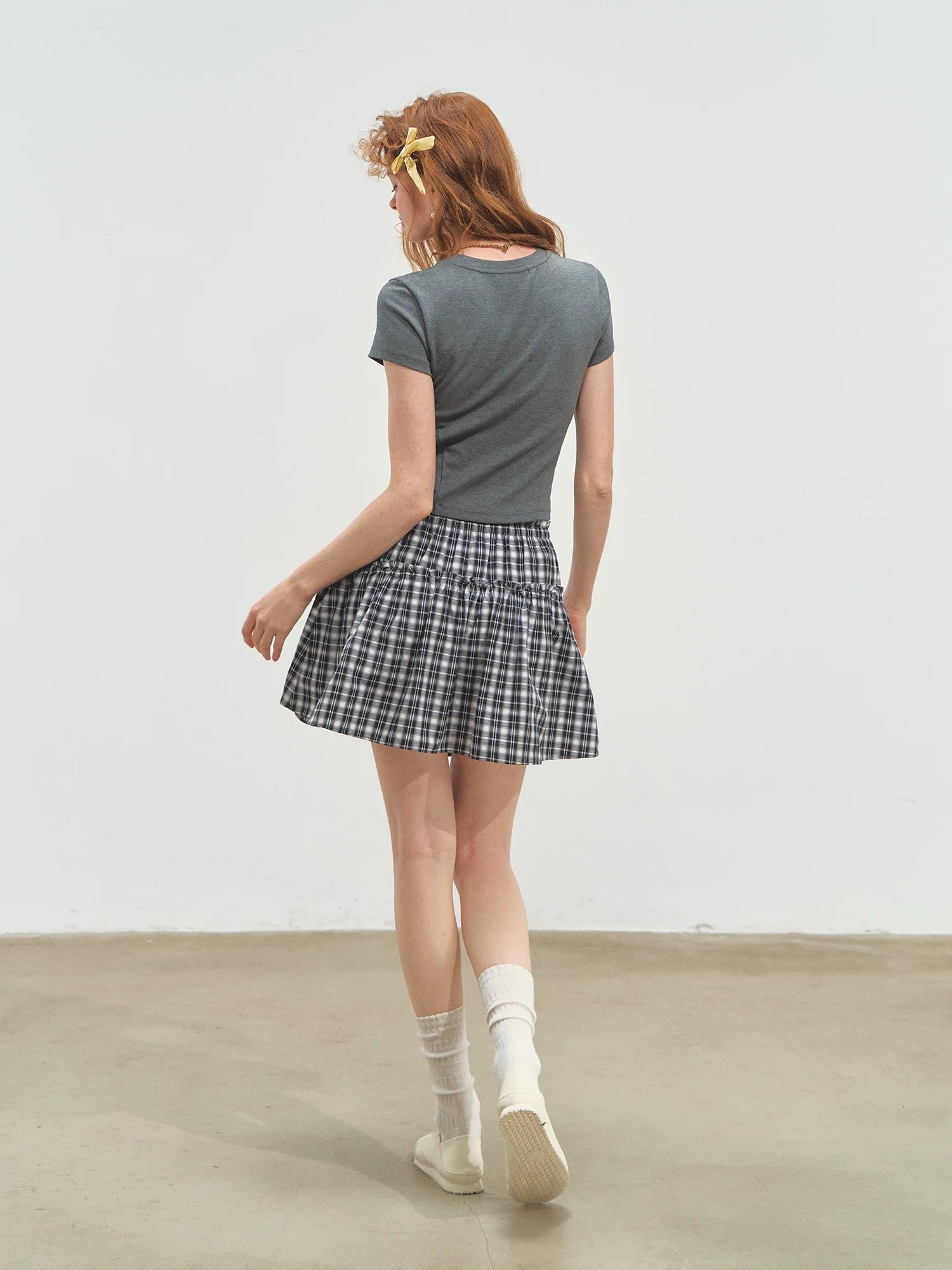 Checkered Ruffle A - Line Midi Skirt
