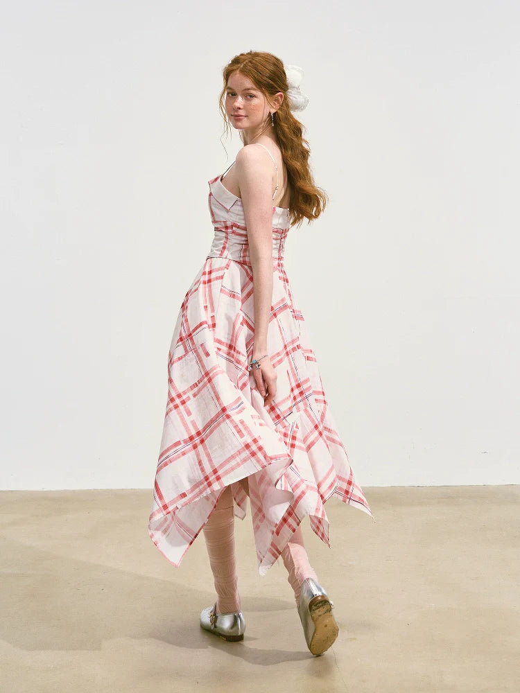 Plaid Irregular Waist-Cinching Spaghetti Strap Dress