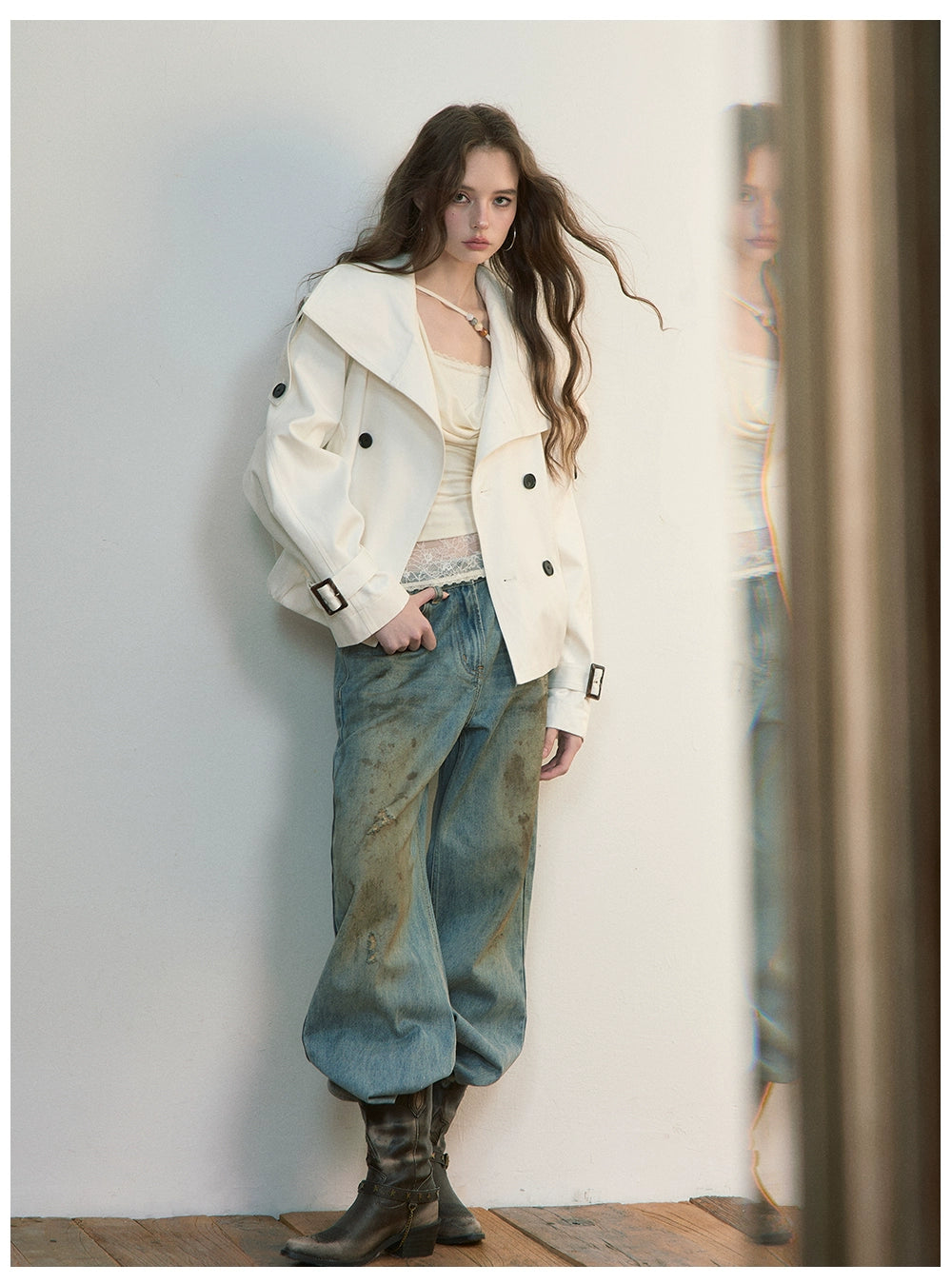 Vintage Pleated Stand Collar Jacket