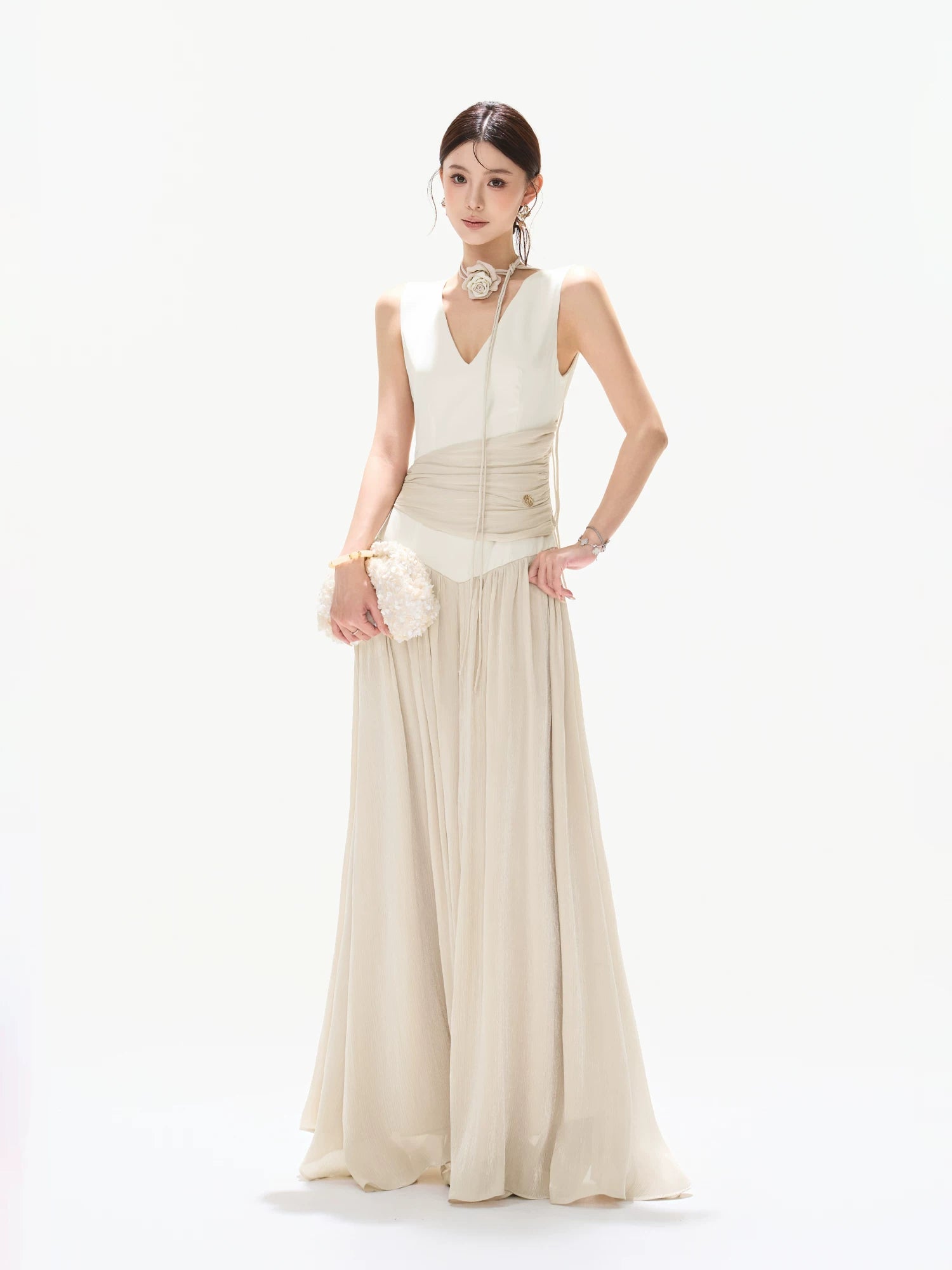 Contrast Pleated Satin Maxi Dress