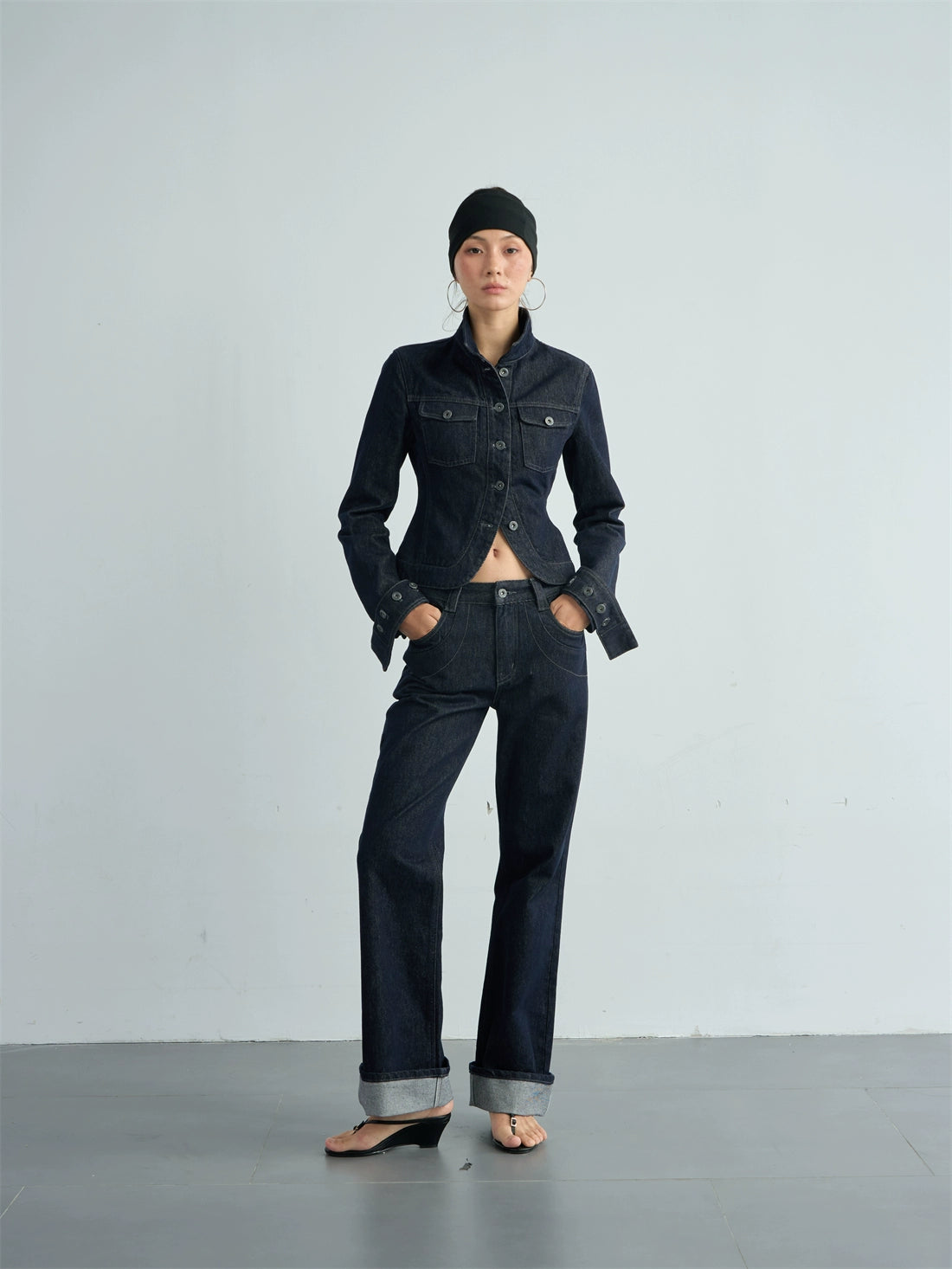 Original Denim Short Stand Collar Cinched Jacket Set