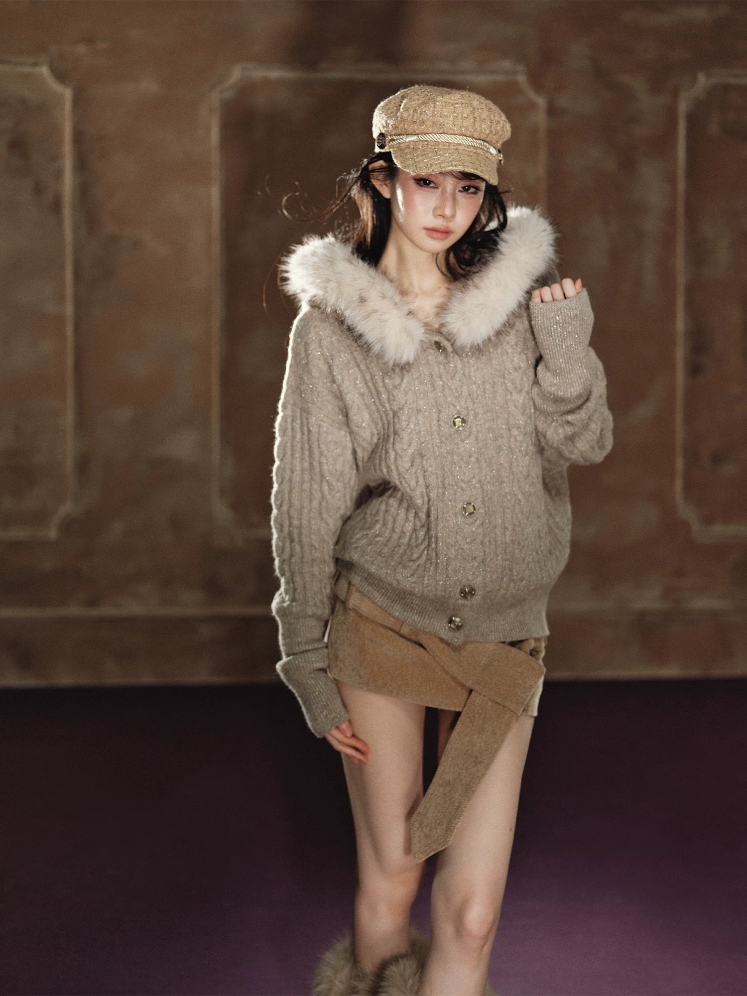 Sparkle Cable Knit Hooded Cardigan