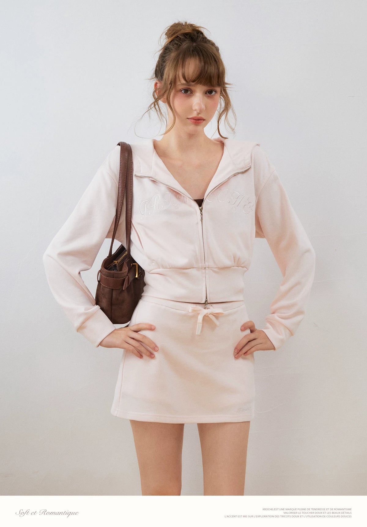 Contrast Embroidered Zip Hoodie & Skirt Set
