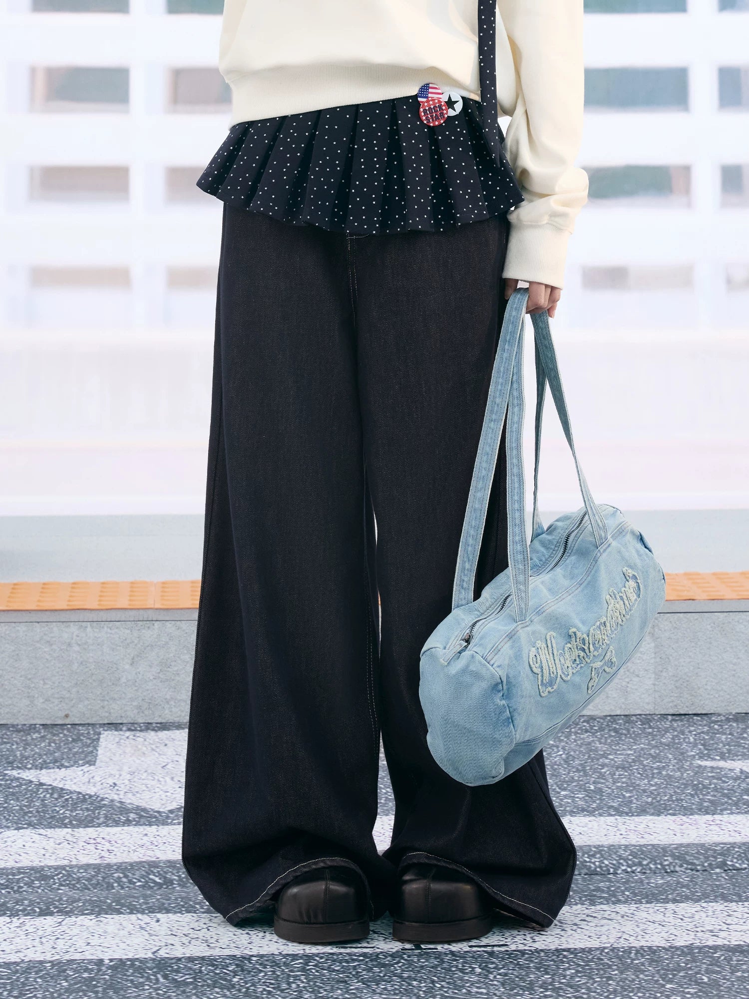 Light Blue Bow Letter Denim Shoulder Bag