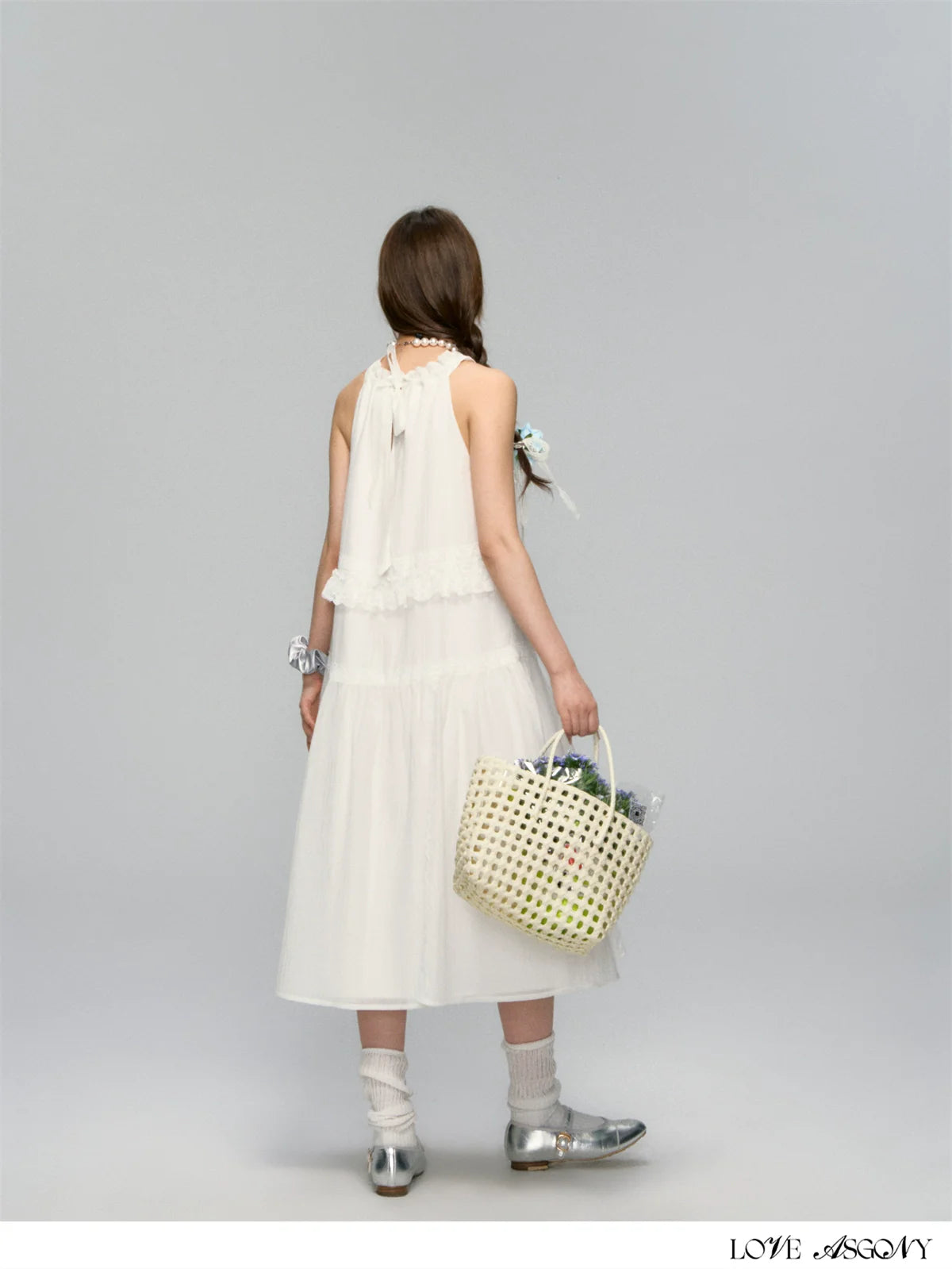 Halter Off-shoulder Lace-trimmed Dress