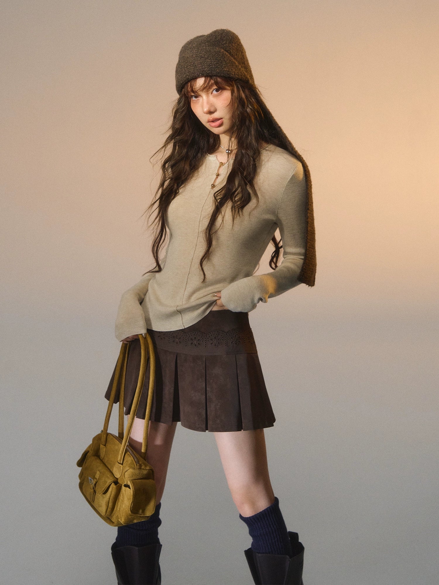 Lace-Trimmed Velvet Pleated Faux Leather Mini Skirt